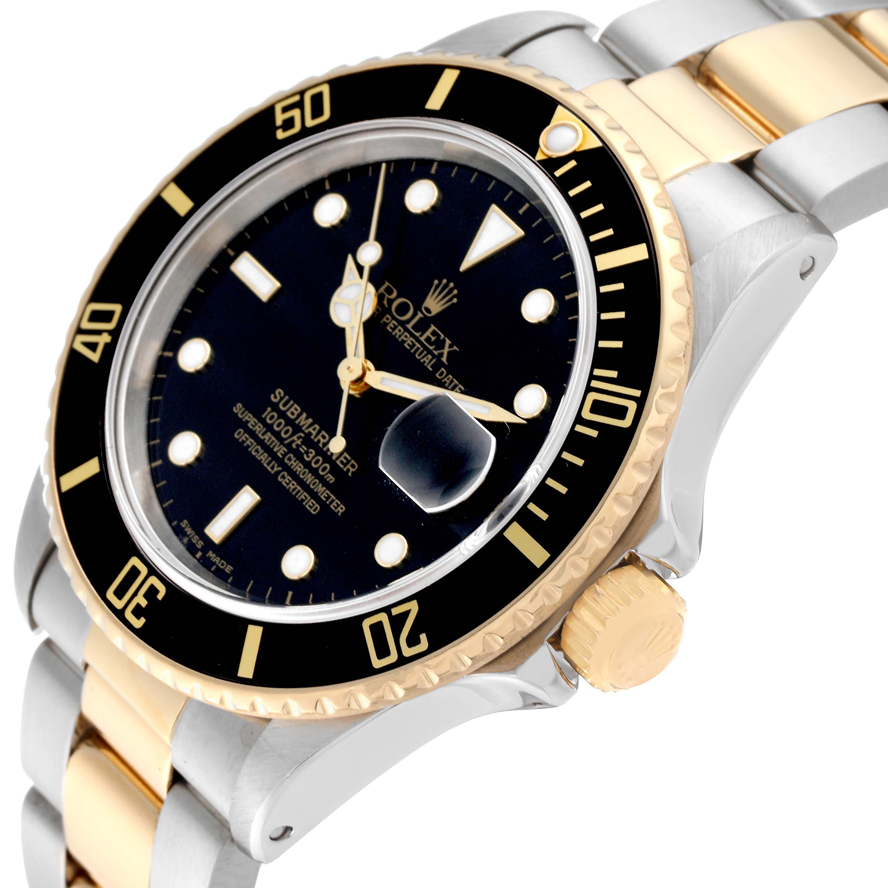 The image shows a close-up angle of a Rolex Submariner 16803 Men's Steel and Gold (two tone) Black Dial 16803 Men's Steel and Gold (two tone) Black Dial watch, highlighting the dial, bezel, crown, and part of the bracelet.