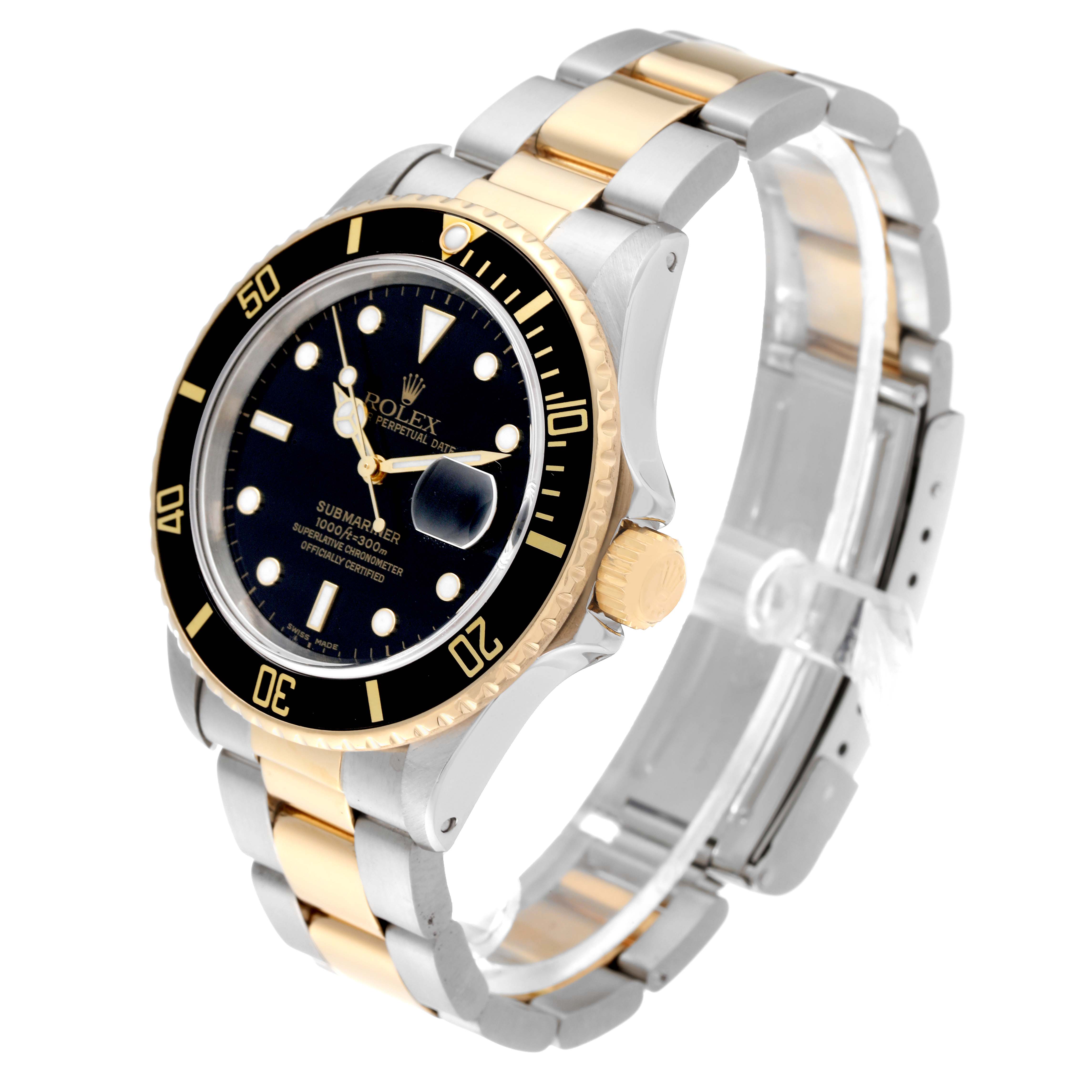 The Rolex Submariner 16803 Men's Steel and Gold (two tone) Black Dial 16803 Men's Steel and Gold (two tone) Black Dial watch is shown at a three-quarter angle, displaying its face, bezel, crown, and bracelet.