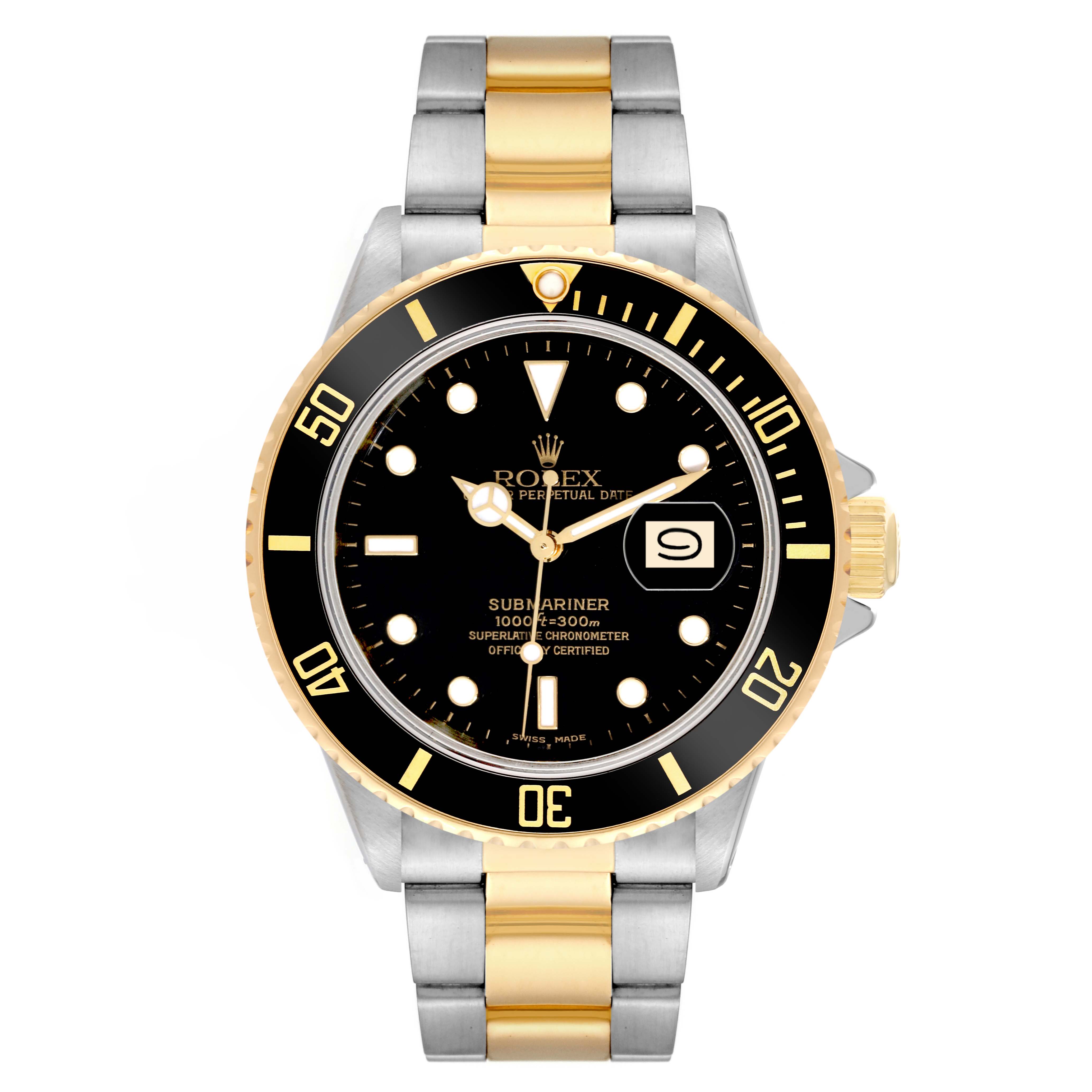 The Rolex Submariner 16803 Men's Steel and Gold (two tone) Black Dial 16803 Men's Steel and Gold (two tone) Black Dial watch is shown from a straight-on angle, displaying its black dial, bezel, and two-tone bracelet.