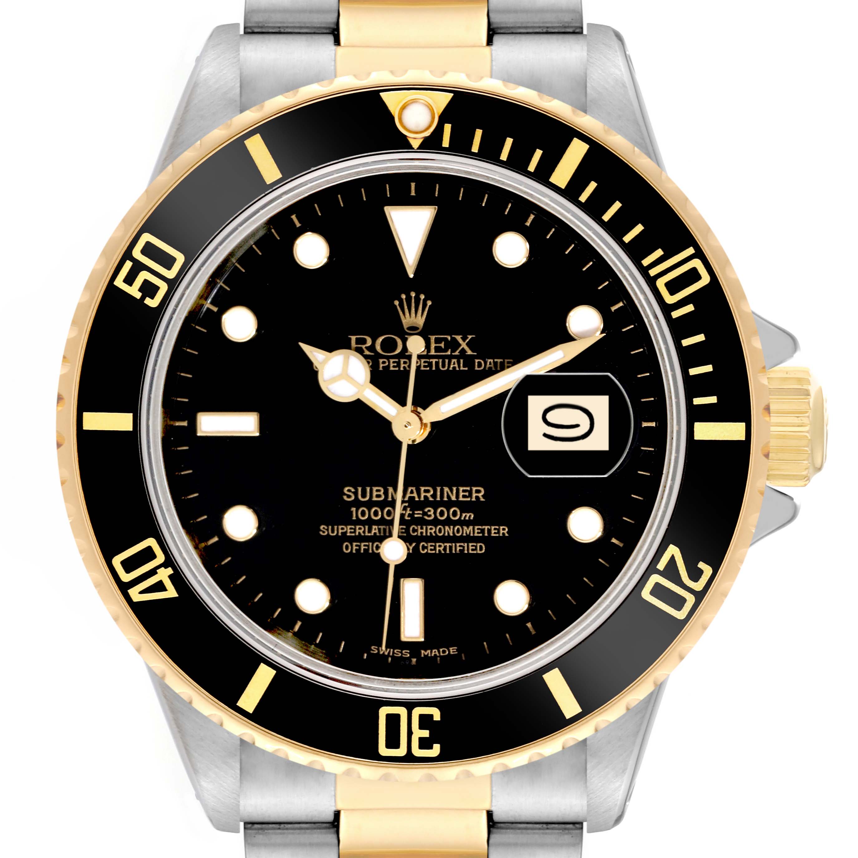 This image shows a front view of the dial, bezel, and part of the band for the Rolex Submariner 16803 Men's Steel and Gold (two tone) Black Dial 16803 Men's Steel and Gold (two tone) Black Dial watch.
