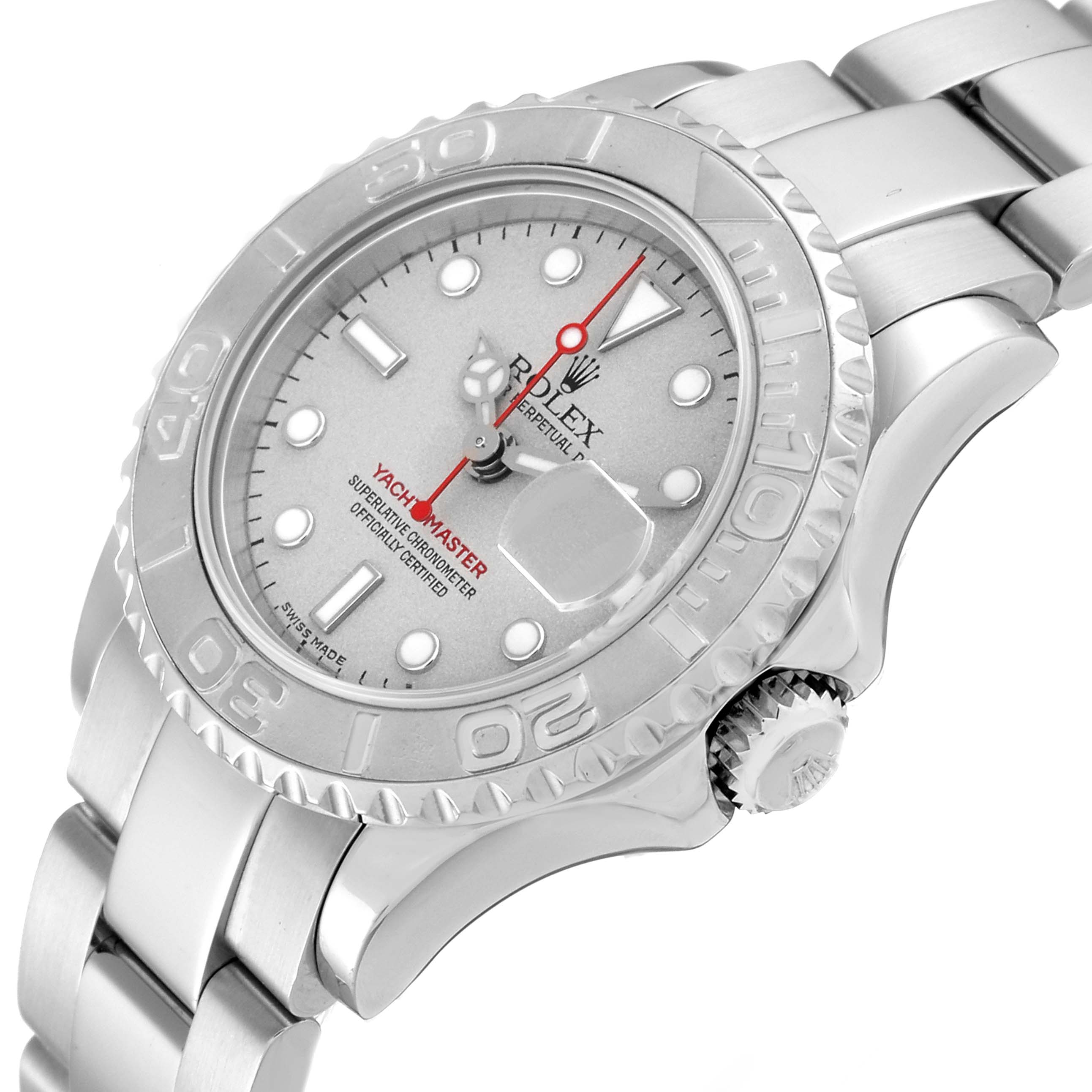 This image shows the Rolex Yacht-Master 169622 Women
s Stainless Steel Silver Dial 169622 Women
s Stainless Steel Silver Dial watch from an angled view, highlighting its face, bezel, crown, and bracelet.
