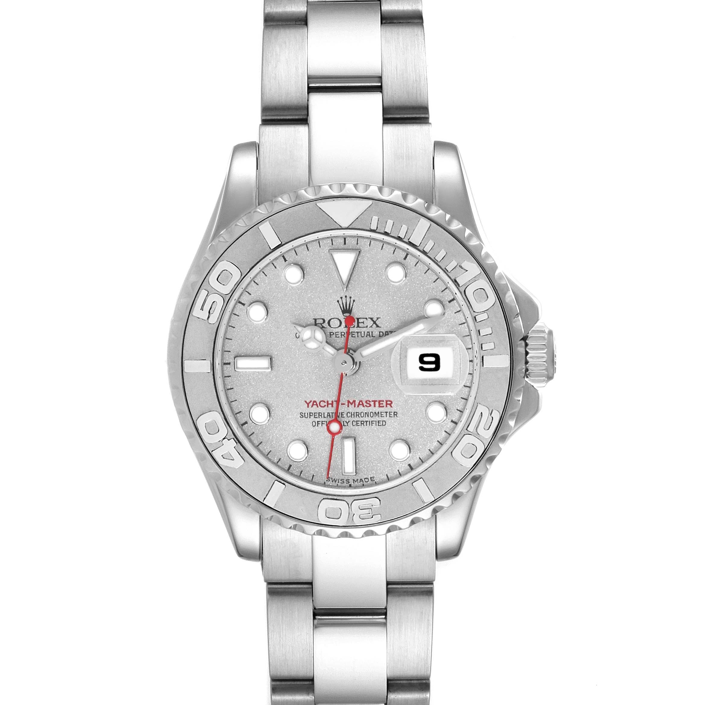 The Rolex Yacht-Master 169622 Women
s Stainless Steel Silver Dial 169622 Women
s Stainless Steel Silver Dial watch is shown from a front view, highlighting its dial, bezel, bracelet, and date window.