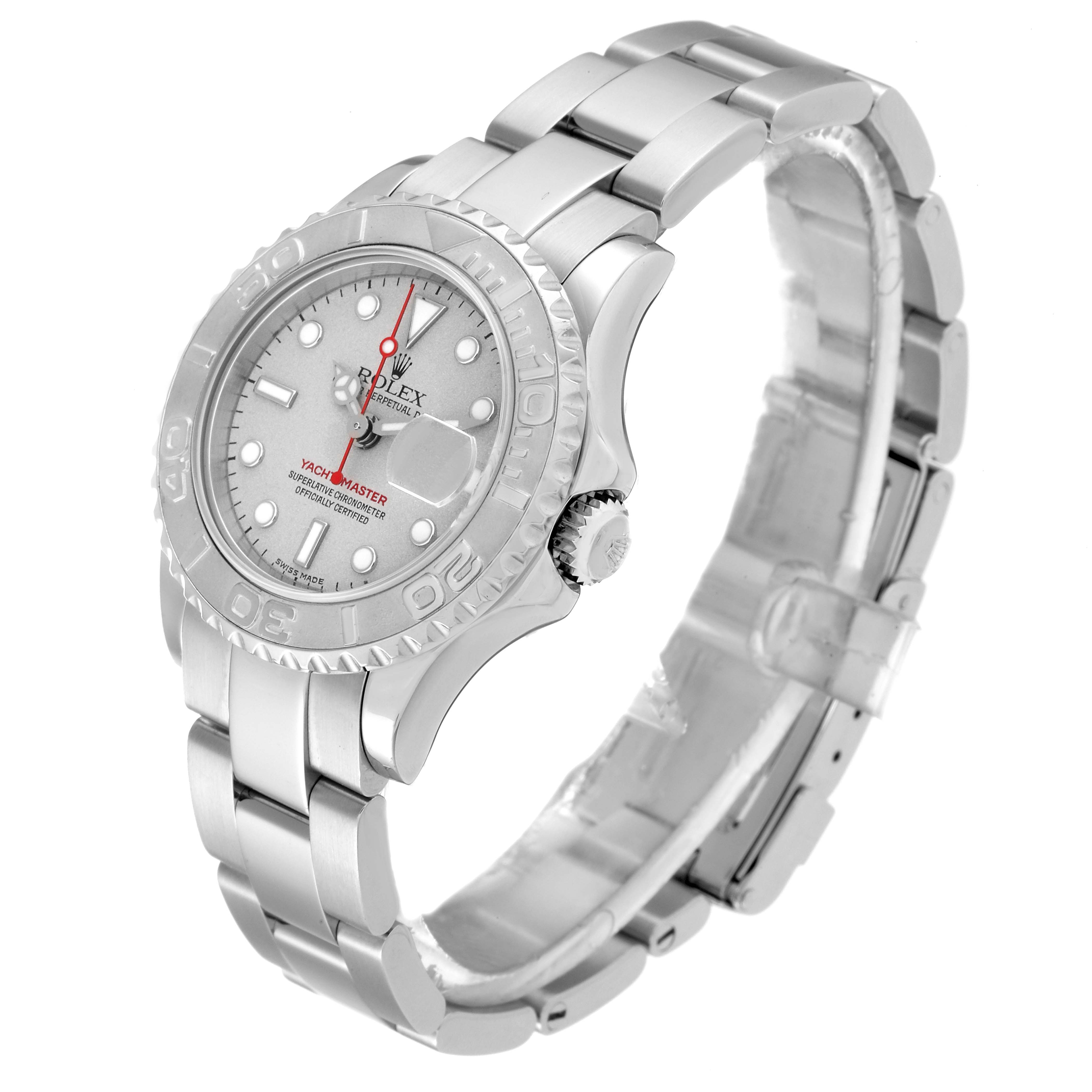 The Rolex Yacht-Master 169622 Women
s Stainless Steel Silver Dial 169622 Women
s Stainless Steel Silver Dial watch is shown at a slight angle, highlighting the dial, bezel, and metal bracelet.