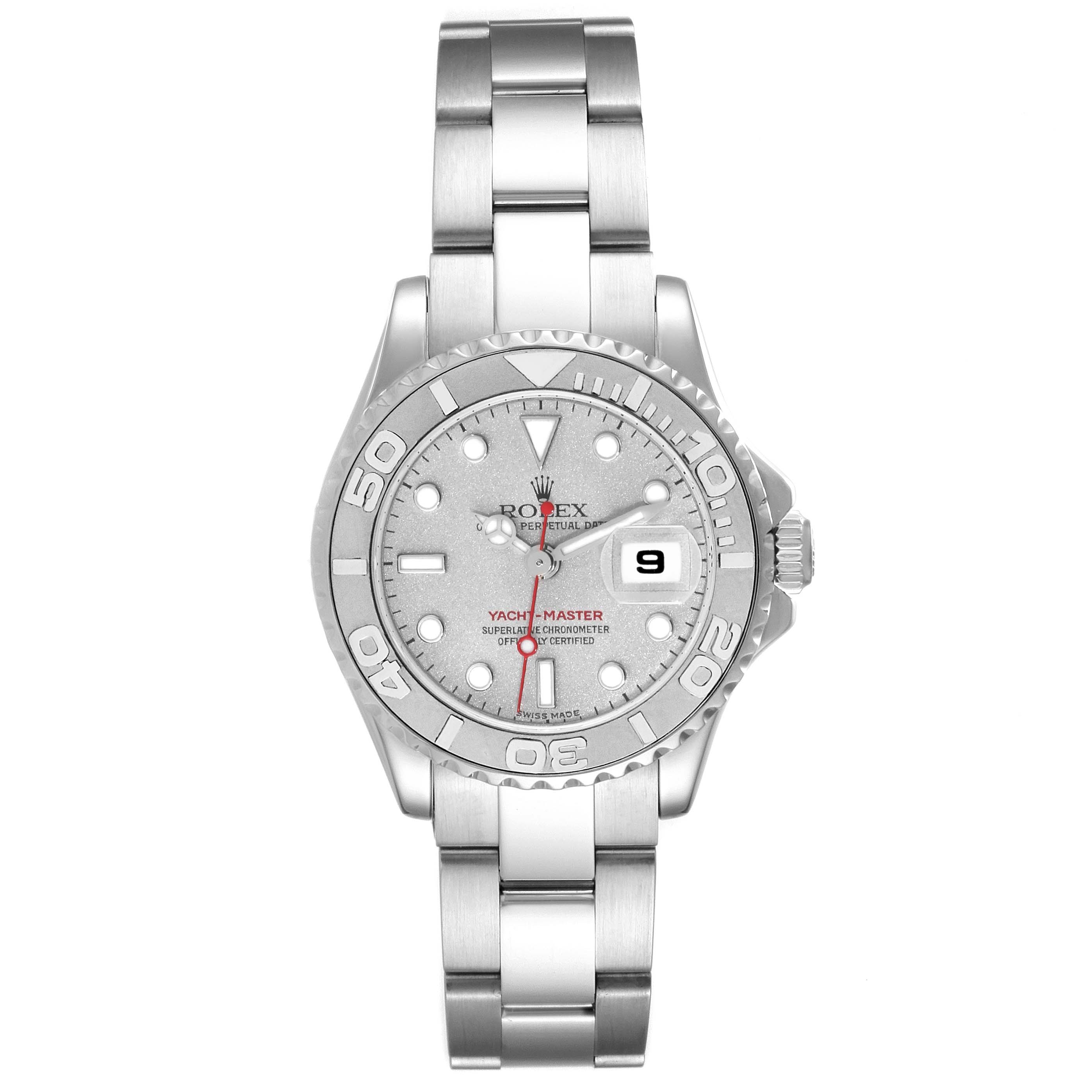 This image displays a front view of the Rolex Yacht-Master 169622 Women
s Stainless Steel Silver Dial 169622 Women
s Stainless Steel Silver Dial watch, including its face, bezel, bracelet, and crown.