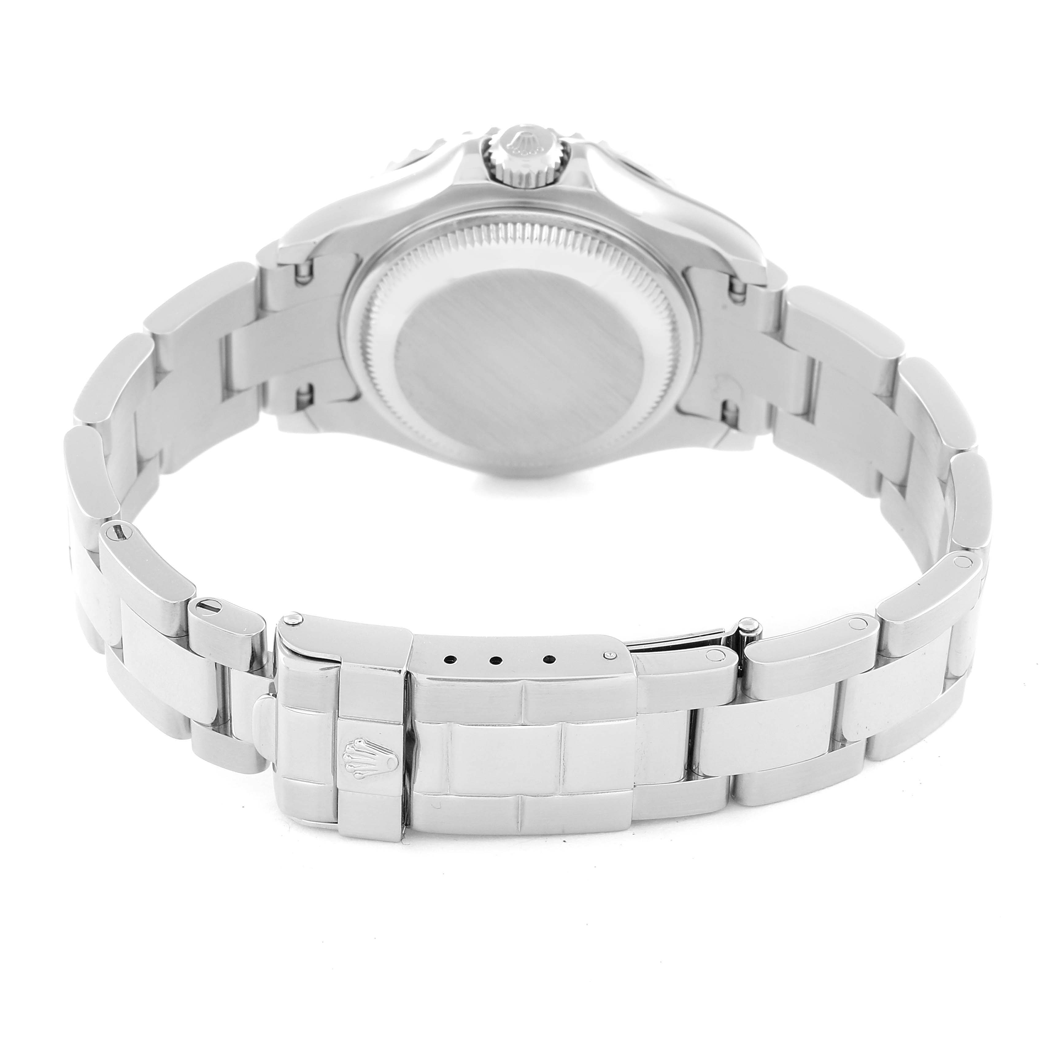 This Rolex Yacht-Master 169622 Women
s Stainless Steel Silver Dial 169622 Women
s Stainless Steel Silver Dial watch is shown from the back, highlighting the case back and metal bracelet.