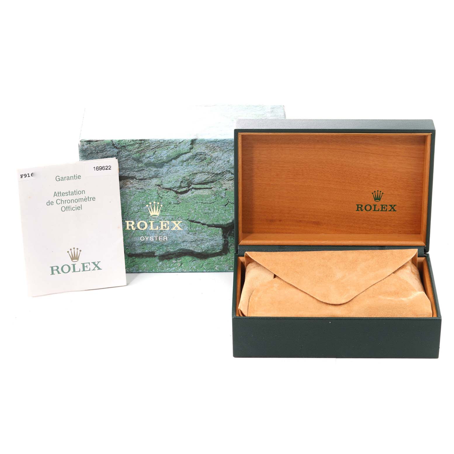 The image shows the packaging and accessories for a Rolex Yacht-Master 169622 Women
s Stainless Steel Silver Dial 169622 Women
s Stainless Steel Silver Dial watch, including a box, a suede pouch, and a certificate.