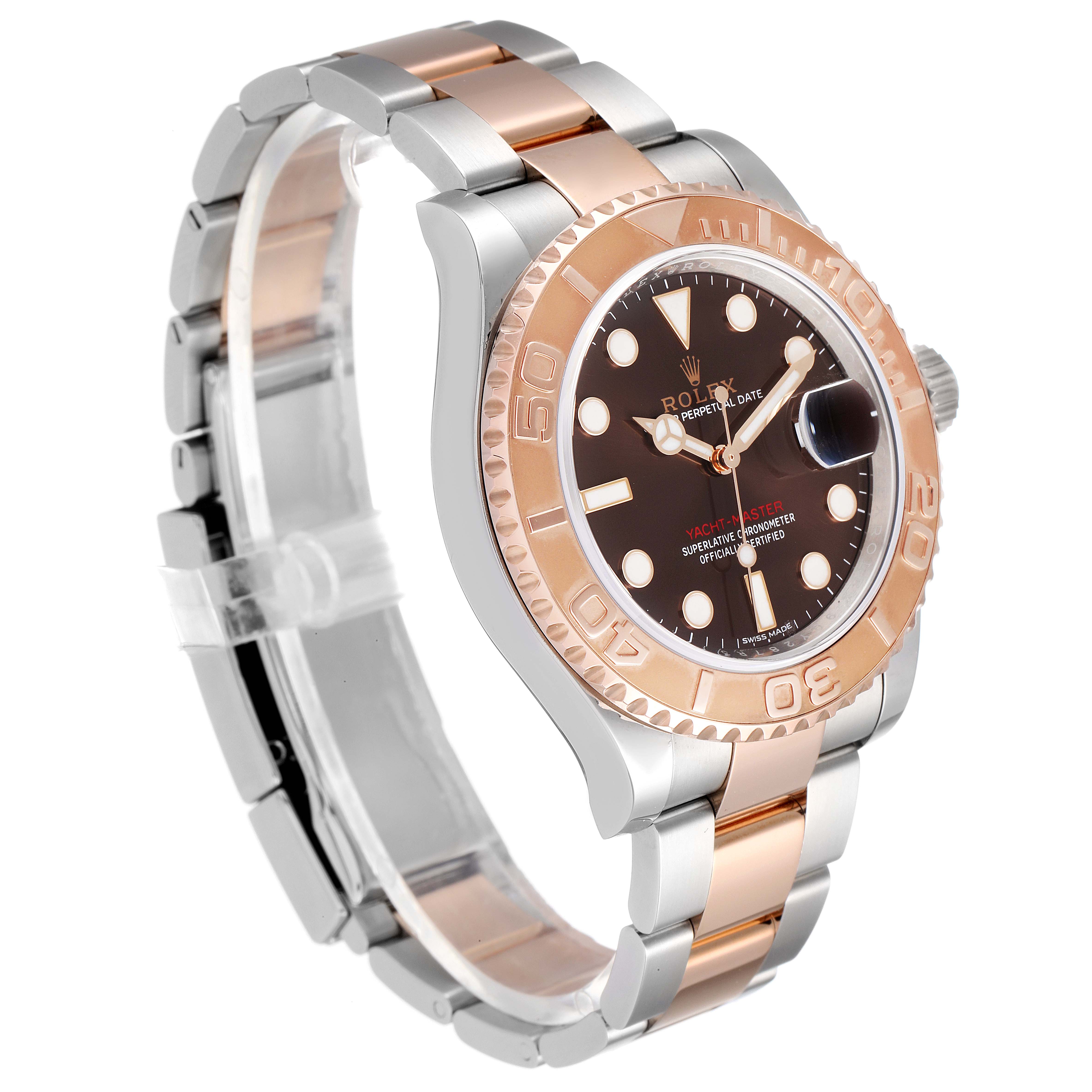 The image shows a Rolex Yacht-Master 116621 Men's Steel and Gold (two tone) Brown Dial 116621 Men's Steel and Gold (two tone) Brown Dial watch, angled to display the face, bezel, crown, and bracelet.