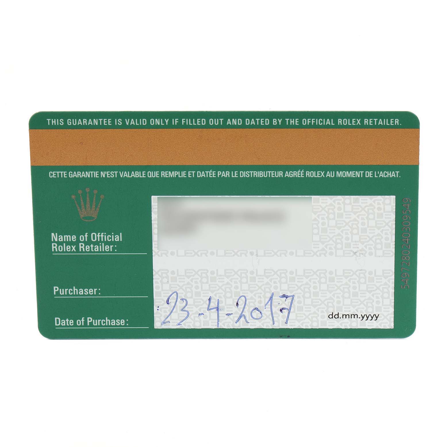 The image shows the warranty card for the Rolex Yacht-Master 116621 Men's Steel and Gold (two tone) Brown Dial 116621 Men's Steel and Gold (two tone) Brown Dial model, including the date of purchase and retailer information.