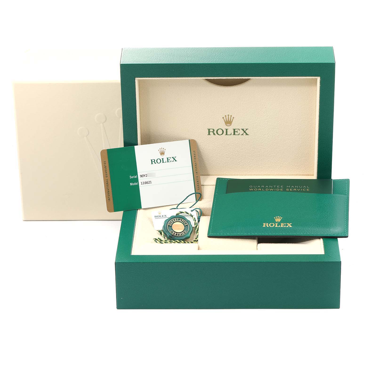 The image shows the packaging, guarantee card, booklet, and tag for the Rolex Yacht-Master 116621 Men's Steel and Gold (two tone) Brown Dial 116621 Men's Steel and Gold (two tone) Brown Dial watch.
