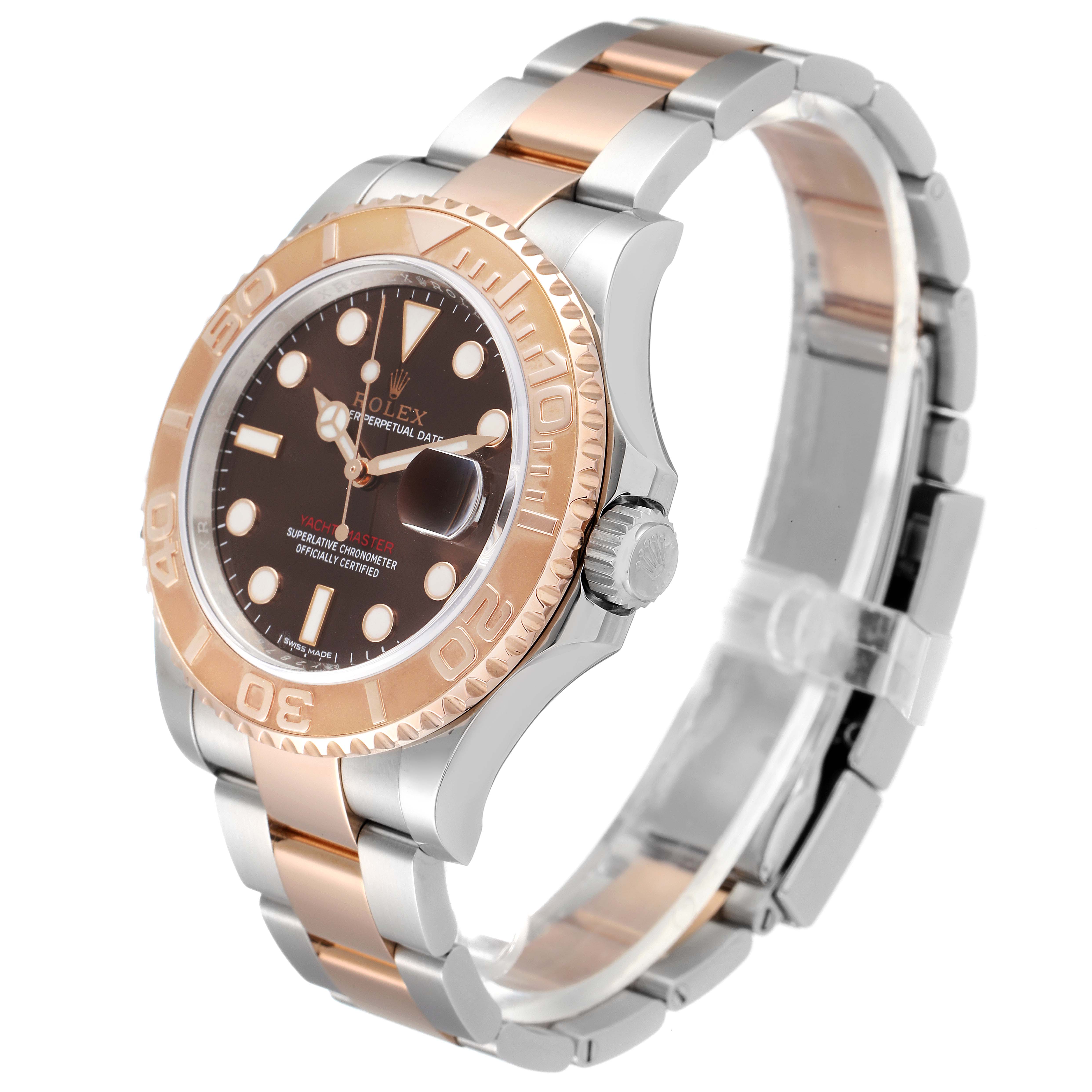 This image shows a three-quarter angled view of a Rolex Yacht-Master 116621 Men's Steel and Gold (two tone) Brown Dial 116621 Men's Steel and Gold (two tone) Brown Dial watch, highlighting the bezel, dial, and bracelet.