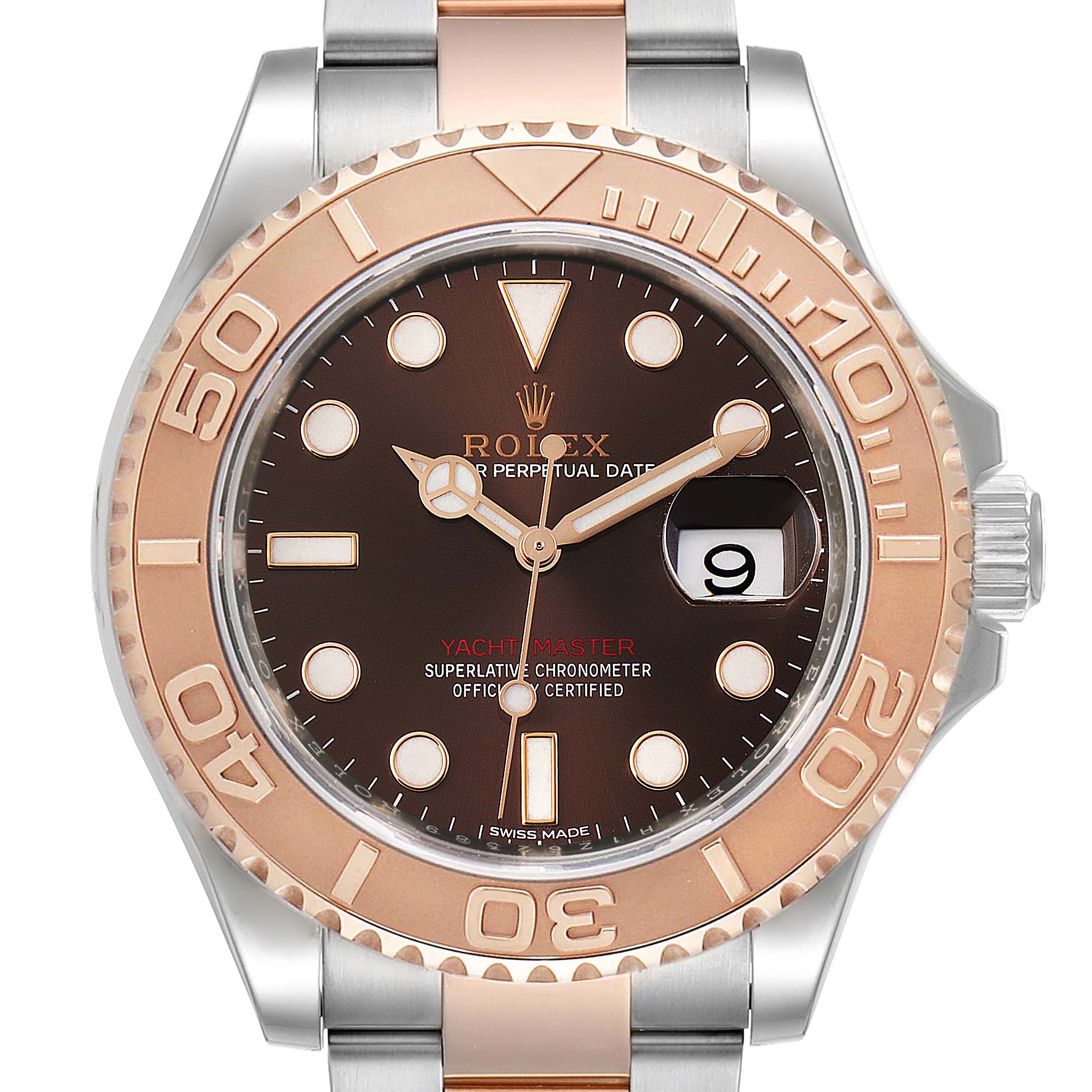 The image shows a Rolex Yacht-Master 116621 Men's Steel and Gold (two tone) Brown Dial 116621 Men's Steel and Gold (two tone) Brown Dial watch, featuring its face, bezel, and part of the strap from a front angle.