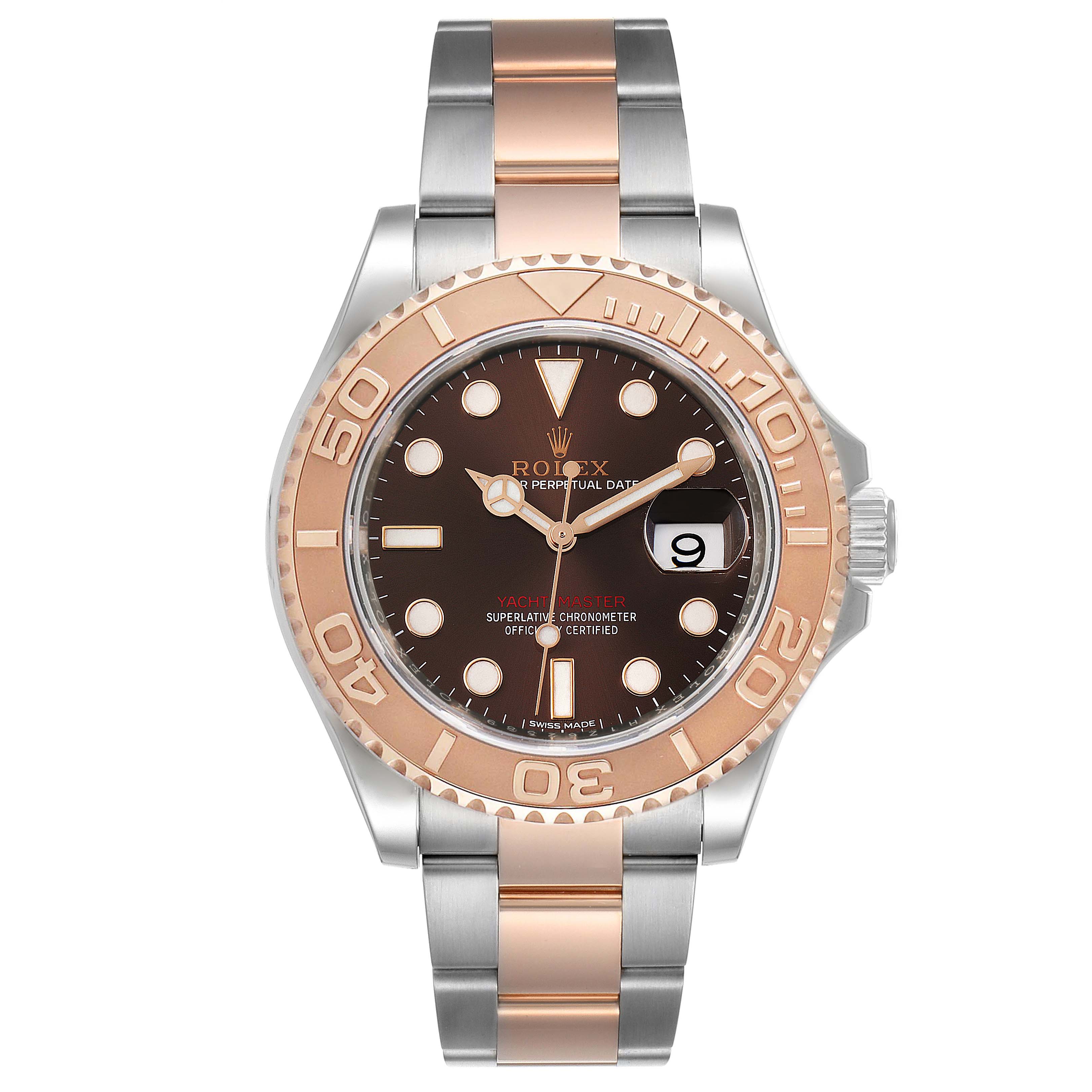 The image shows a front view of a Rolex Yacht-Master 116621 Men's Steel and Gold (two tone) Brown Dial 116621 Men's Steel and Gold (two tone) Brown Dial watch featuring a two-tone band and a detailed bezel.