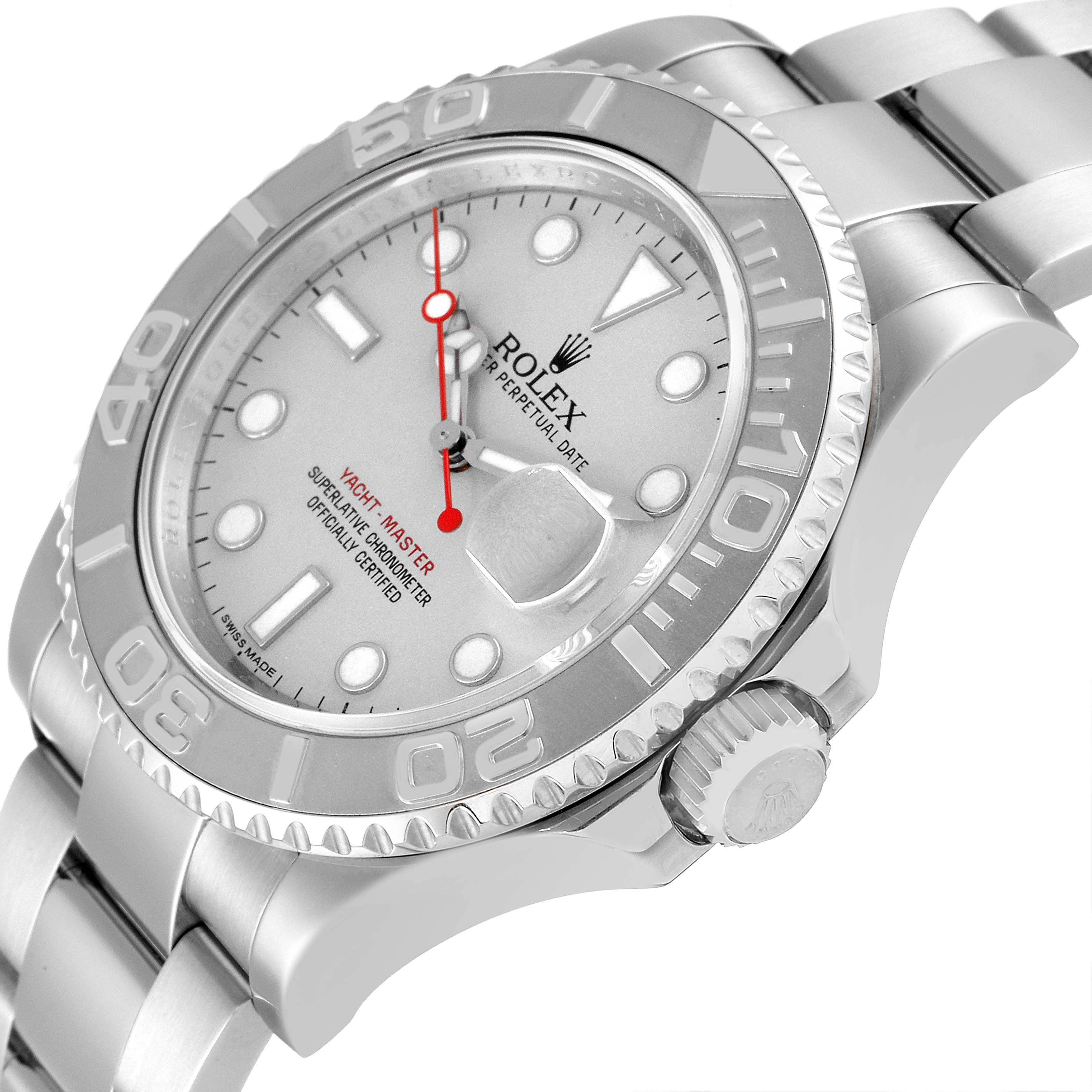 This image shows a close-up view of the Rolex Yacht-Master 116622 Men
s Stainless Steel Silver Dial 116622 Men
s Stainless Steel Silver Dial watch featuring the dial, bezel, crown, and part of the bracelet.