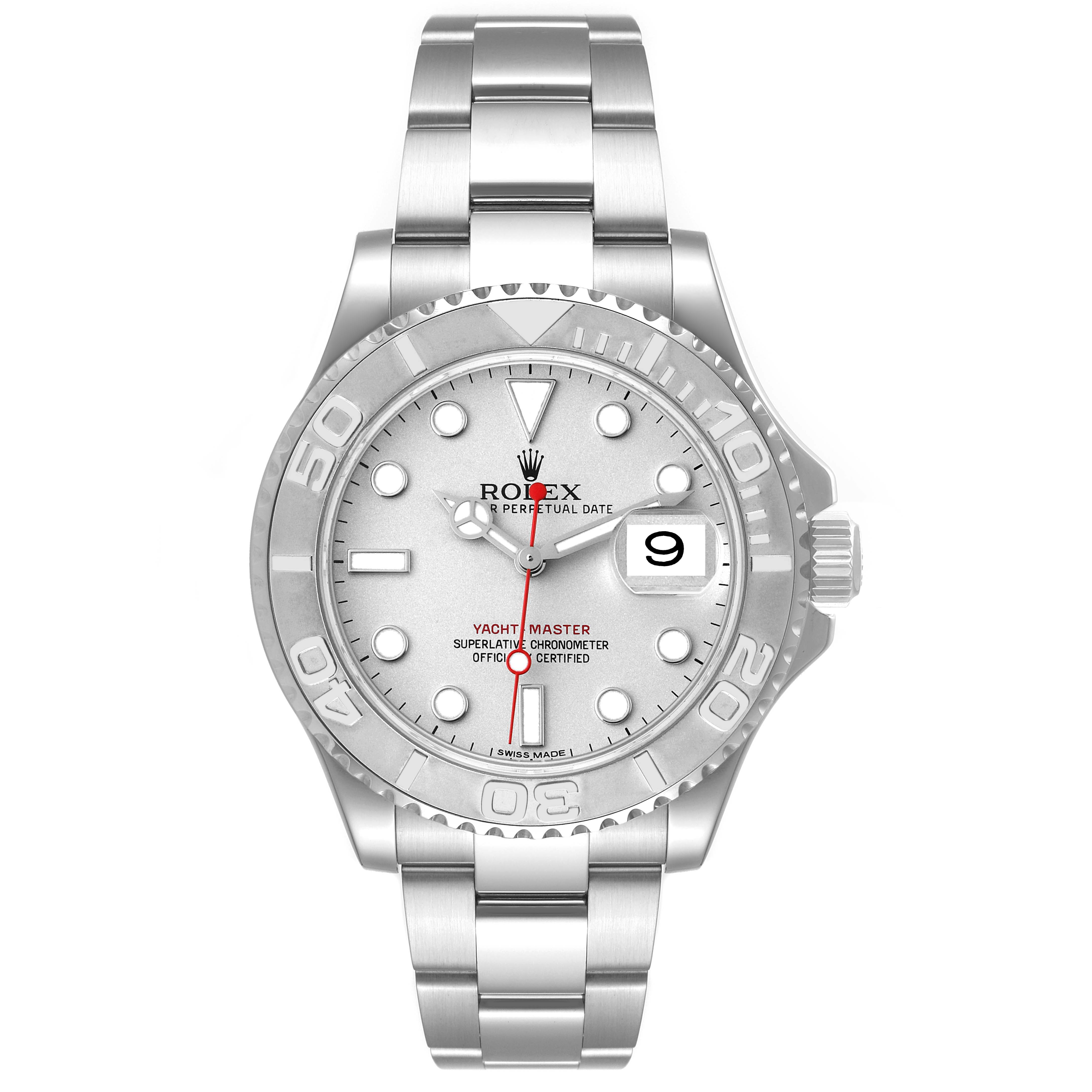 This image shows a frontal view of a Rolex Yacht-Master 116622 Men
s Stainless Steel Silver Dial 116622 Men
s Stainless Steel Silver Dial watch displaying the face, bezel, and bracelet.