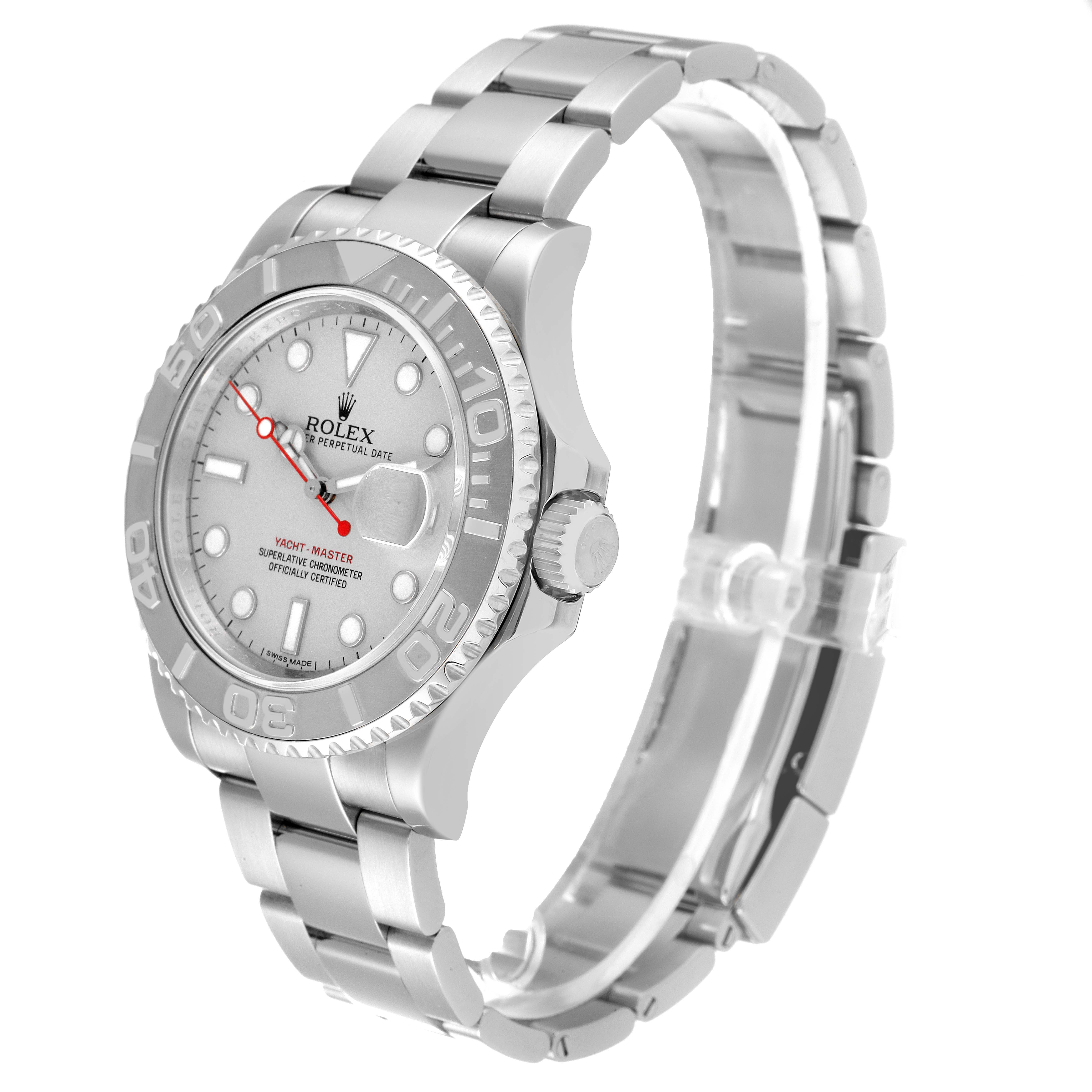 The image shows a Rolex Yacht-Master 116622 Men
s Stainless Steel Silver Dial 116622 Men
s Stainless Steel Silver Dial watch, angled to display the face, bezel, crown, and part of the bracelet.
