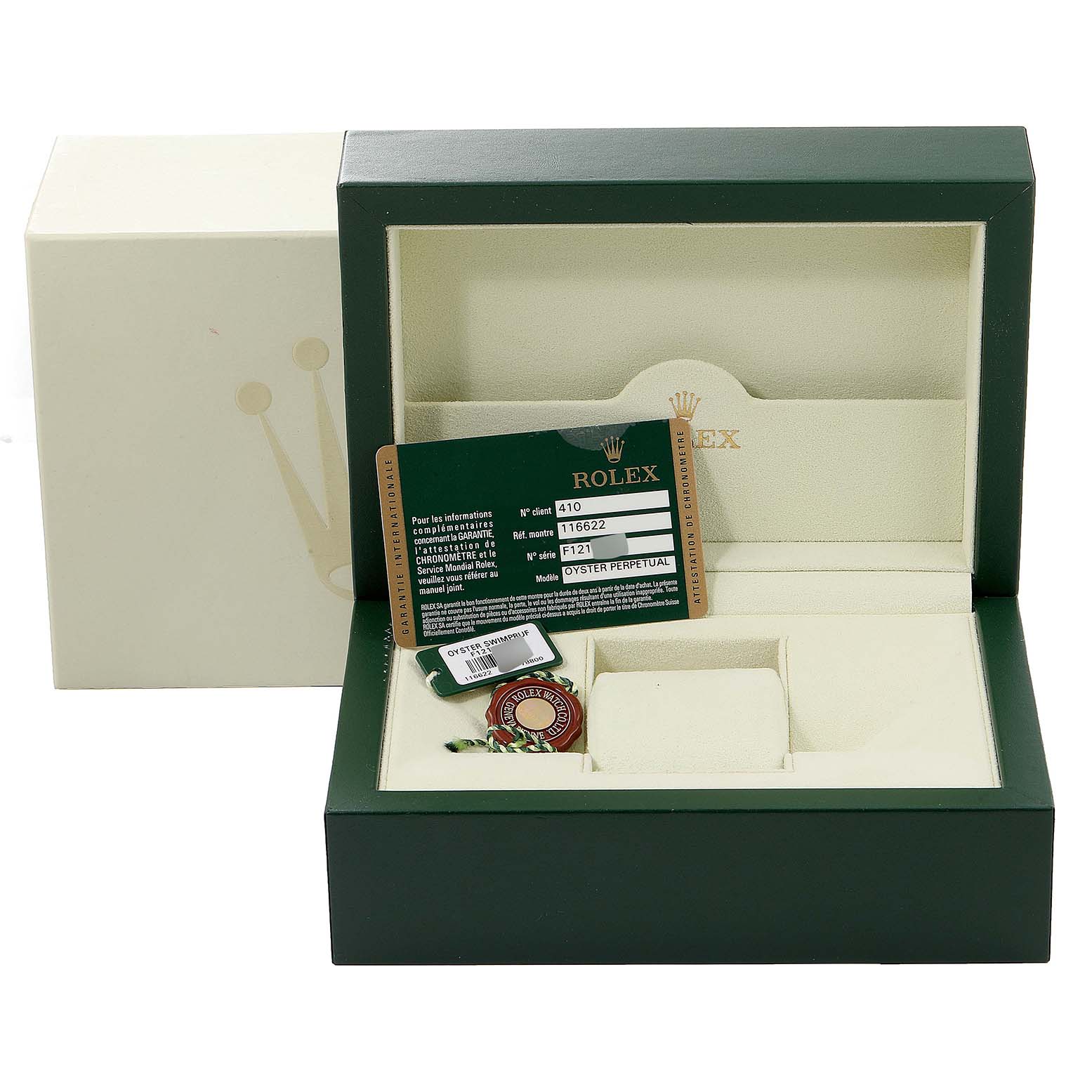 The image shows an empty Rolex Yacht-Master 116622 Men
s Stainless Steel Silver Dial 116622 Men
s Stainless Steel Silver Dial watch box, warranty card, and tags from a front angle.