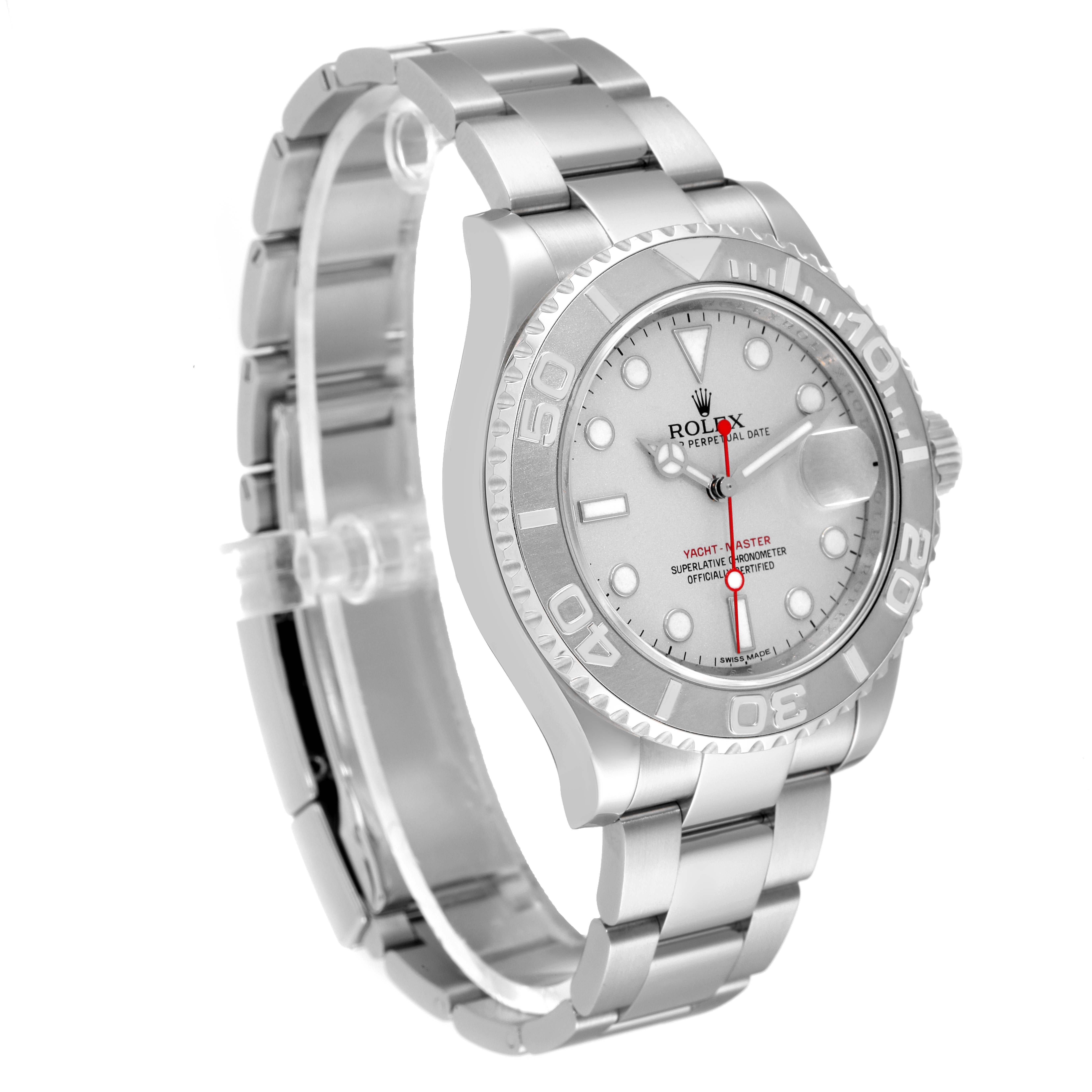 The image shows the Rolex Yacht-Master 116622 Men
s Stainless Steel Silver Dial 116622 Men
s Stainless Steel Silver Dial watch at a three-quarter angle, highlighting its face, bezel, and part of the bracelet.