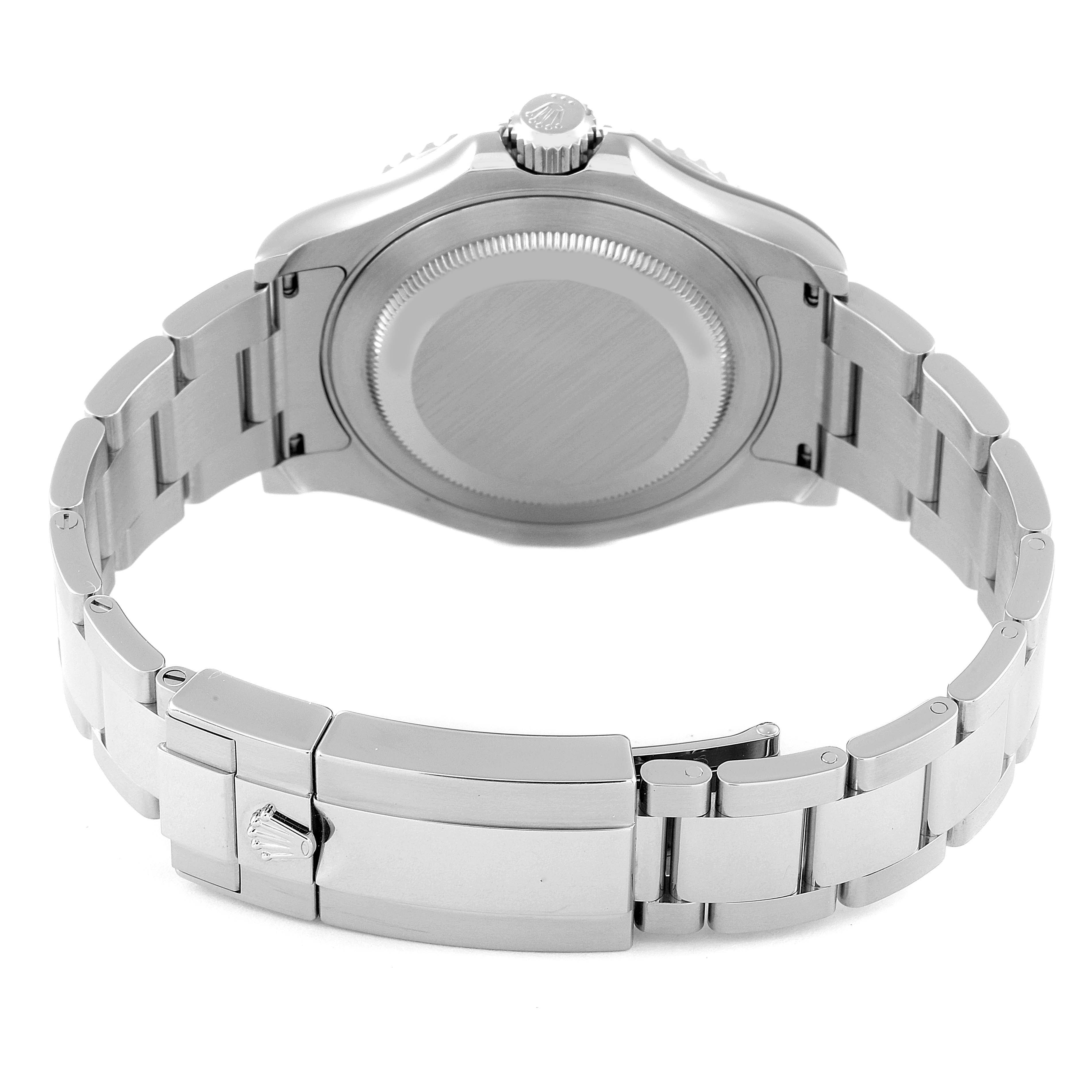 The Rolex Yacht-Master 116622 Men
s Stainless Steel Silver Dial 116622 Men
s Stainless Steel Silver Dial watch is shown from the back, highlighting the case back and bracelet with clasp.
