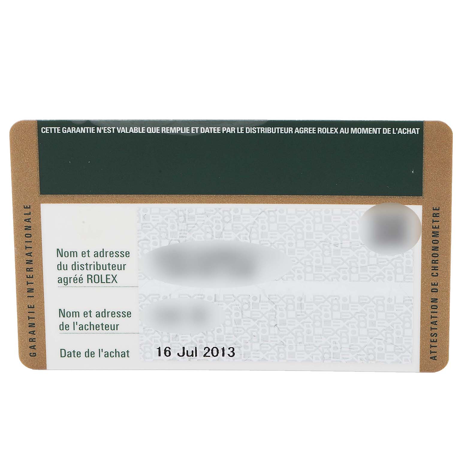 This image shows the international warranty card for a Rolex Yacht-Master 116622 Men
s Stainless Steel Silver Dial 116622 Men
s Stainless Steel Silver Dial watch, dated July 16, 2013.