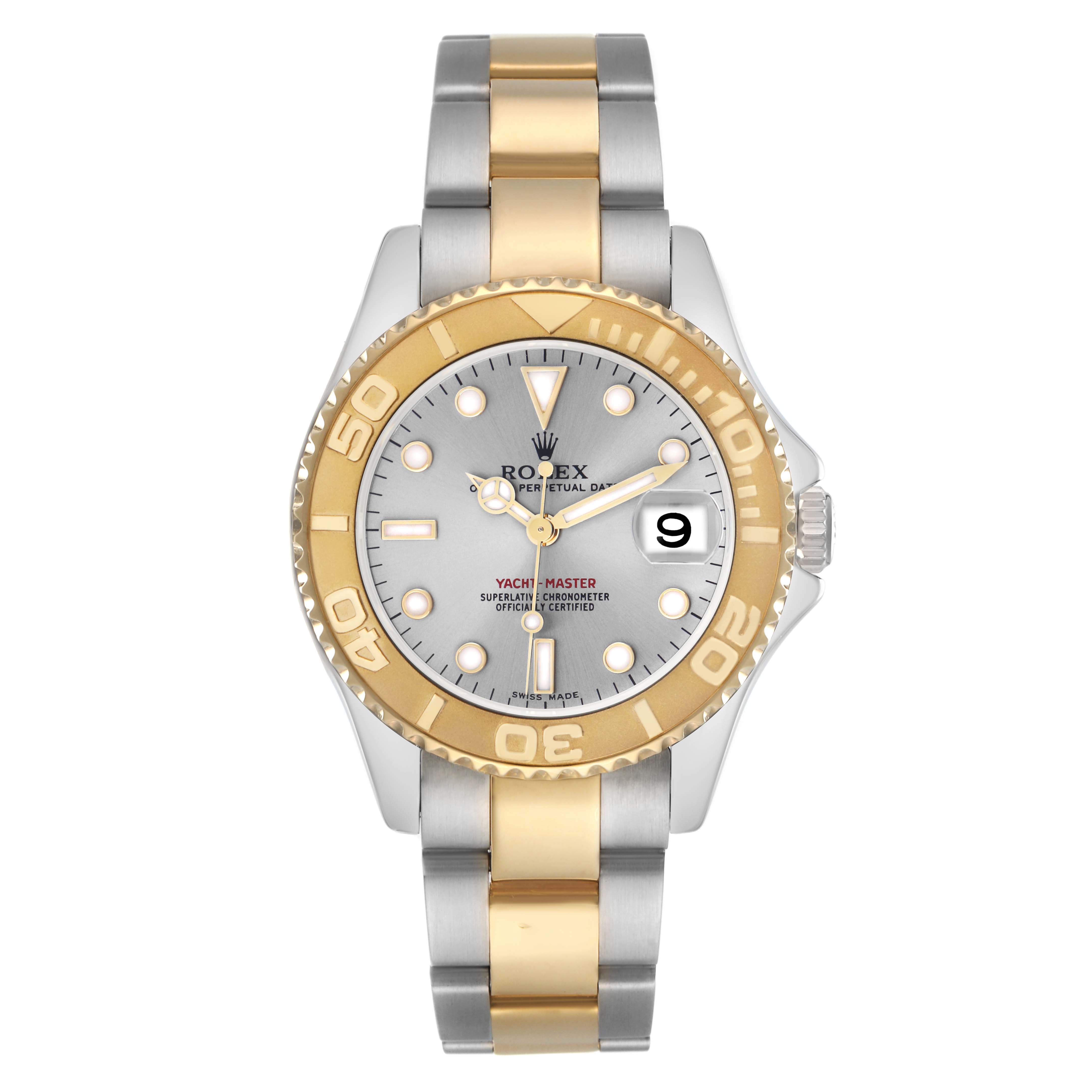 The Rolex Yacht-Master 168623 Men
s Steel and Gold (two tone) Grey Dial 168623 Men
s Steel and Gold (two tone) Grey Dial is shown from a front angle, highlighting the dial, bezel, and bracelet.
