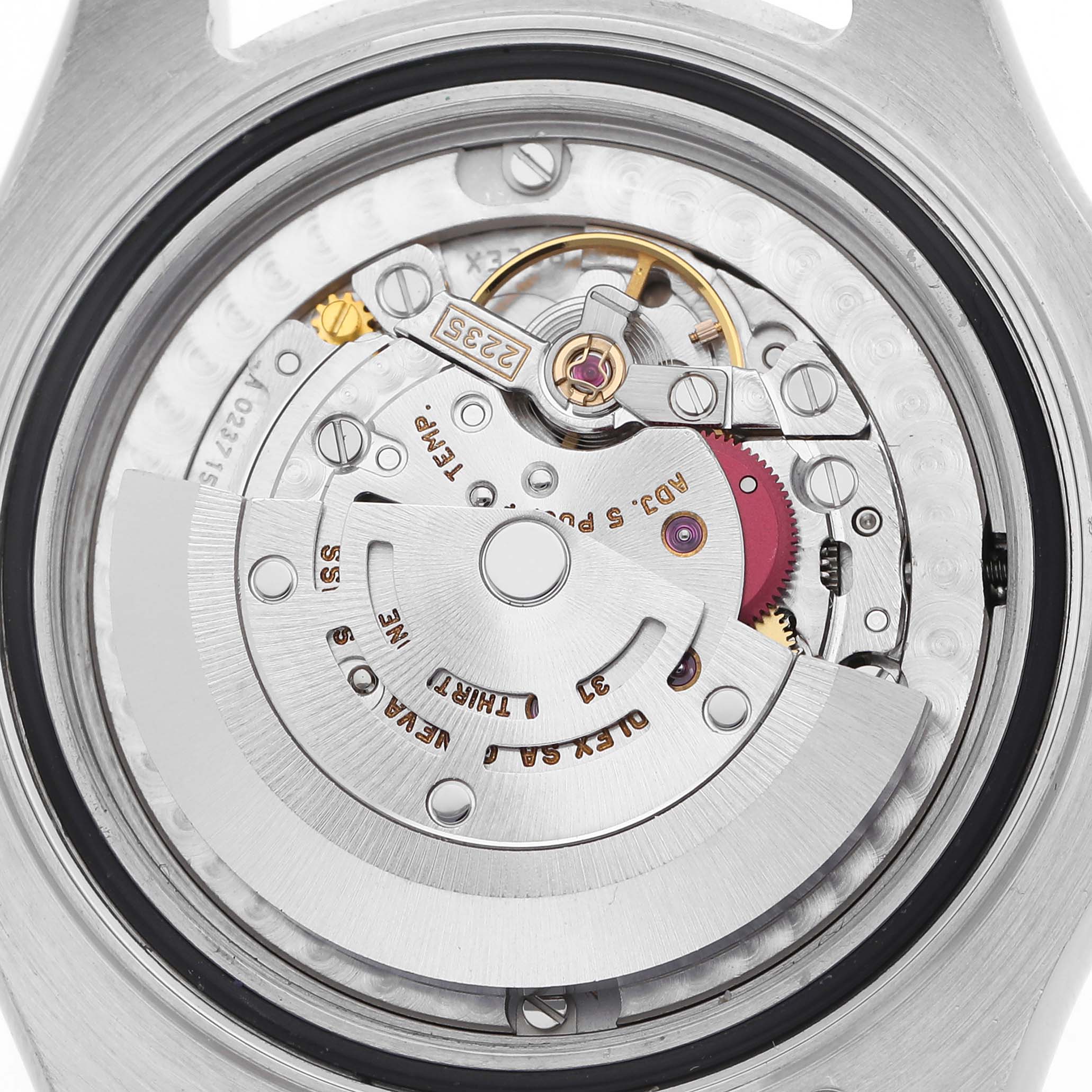 The image shows the Rolex Yacht-Master 168623 Men
s Steel and Gold (two tone) Grey Dial 168623 Men
s Steel and Gold (two tone) Grey Dial watch movement from the back, highlighting the rotor and intricate internal components.