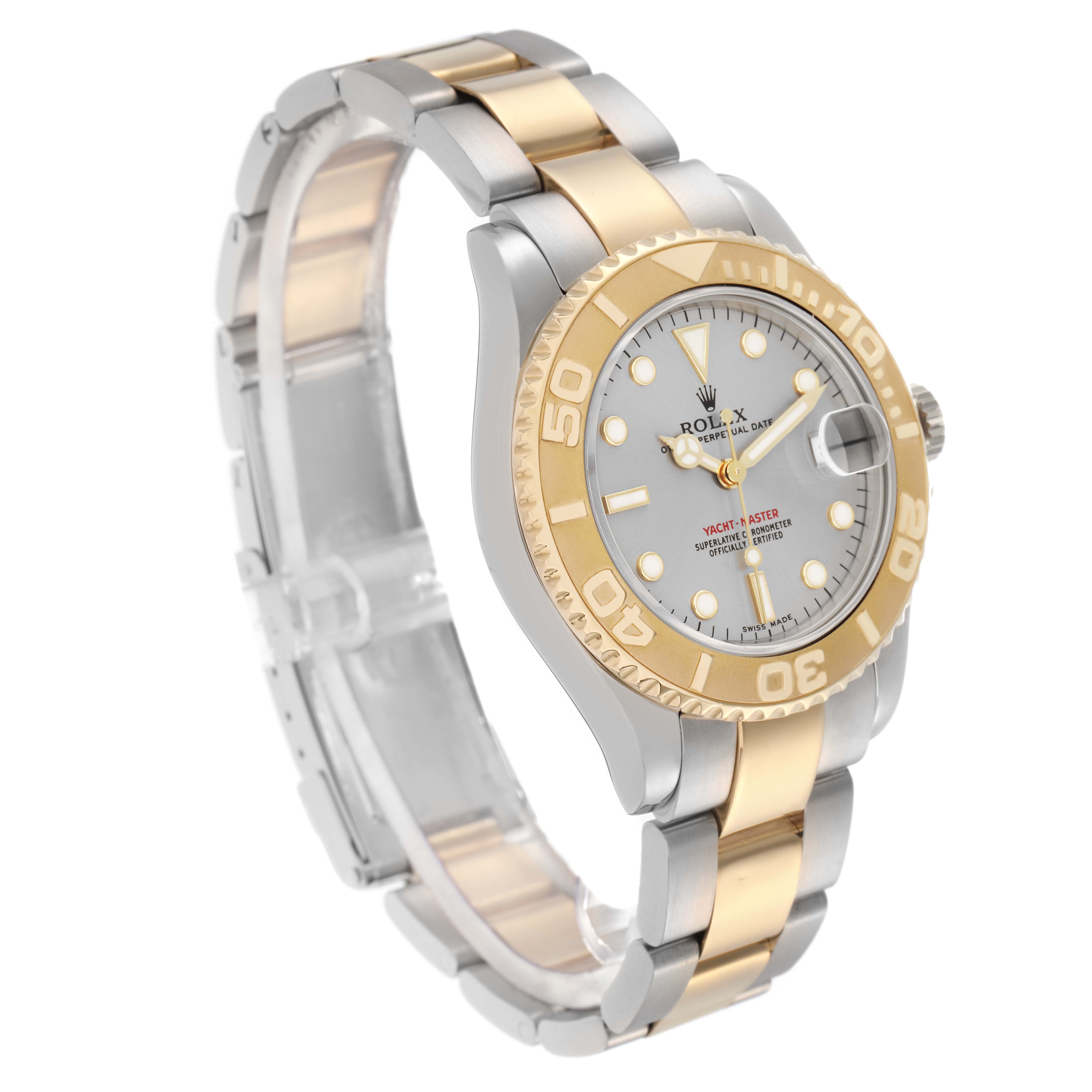 The image shows a Rolex Yacht-Master 168623 Men
s Steel and Gold (two tone) Grey Dial 168623 Men
s Steel and Gold (two tone) Grey Dial watch at a three-quarter angle, showcasing its dial, bezel, and bracelet with a mix of gold and silver tones.
