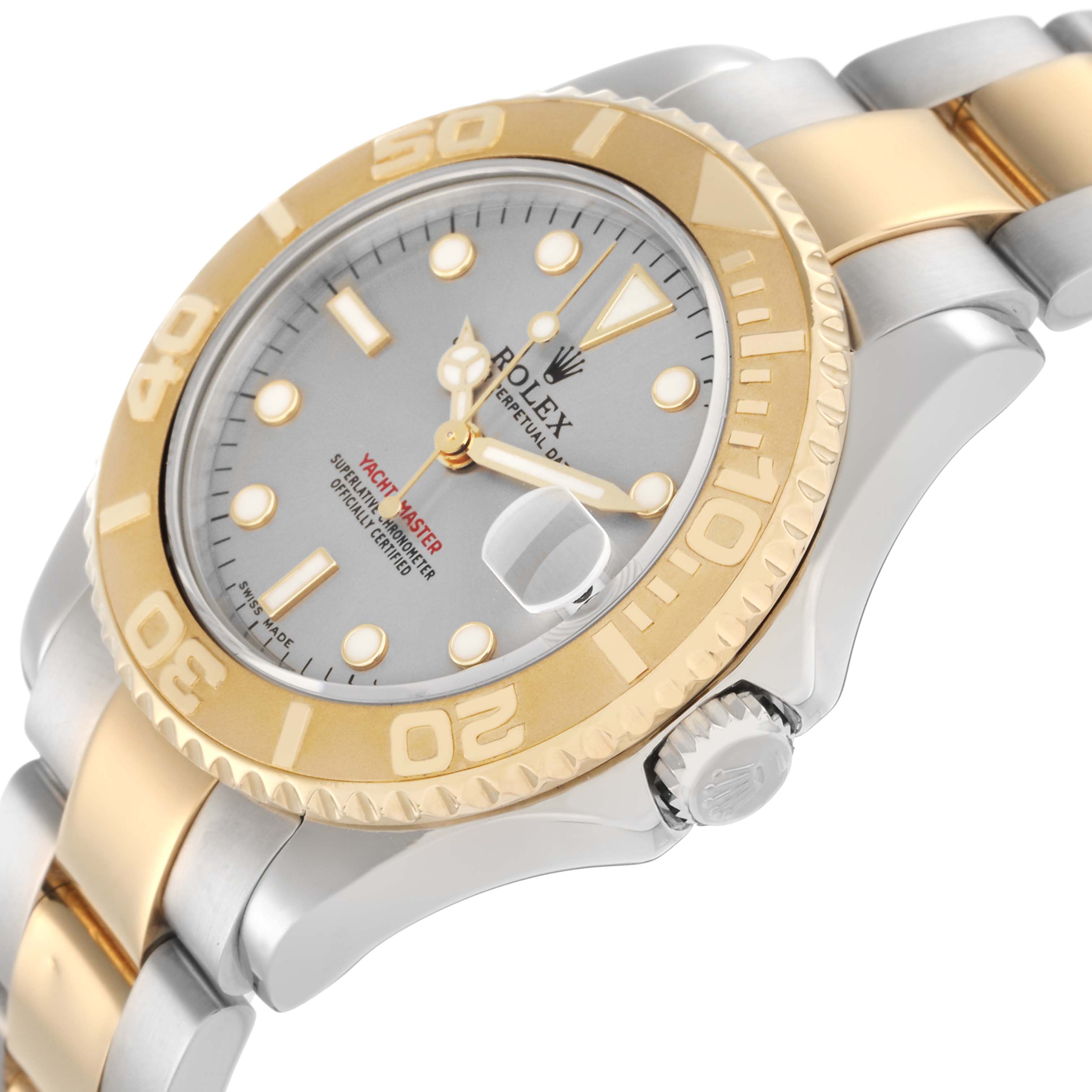 The Rolex Yacht-Master 168623 Men
s Steel and Gold (two tone) Grey Dial 168623 Men
s Steel and Gold (two tone) Grey Dial watch is shown from a side angle, highlighting its bezel, dial, crown, and part of the bracelet.
