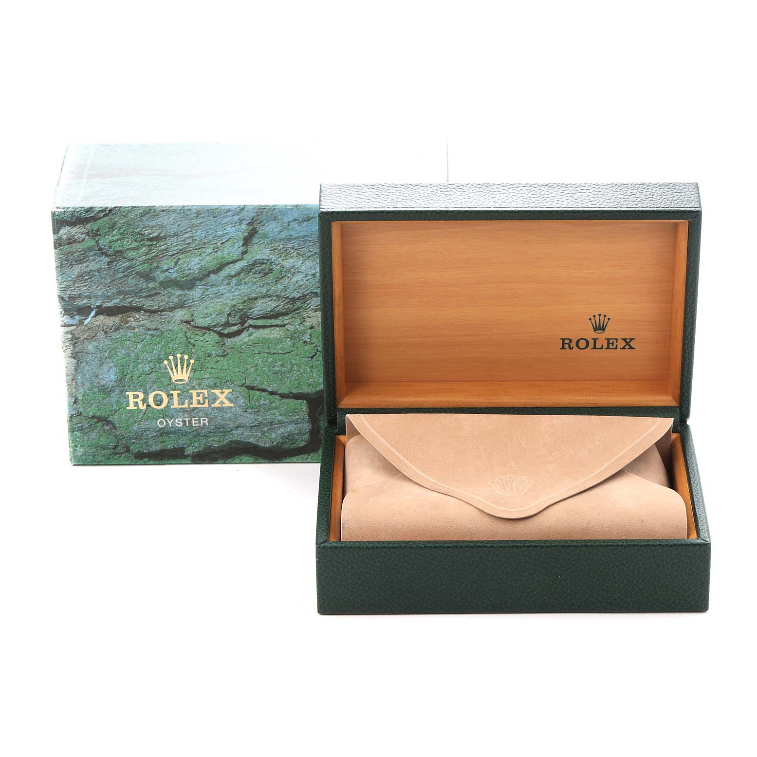 The image shows a Rolex Yacht-Master 168623 Men
s Steel and Gold (two tone) Grey Dial 168623 Men
s Steel and Gold (two tone) Grey Dial box with a green textured exterior, an open wooden interior, and a beige pouch inside.