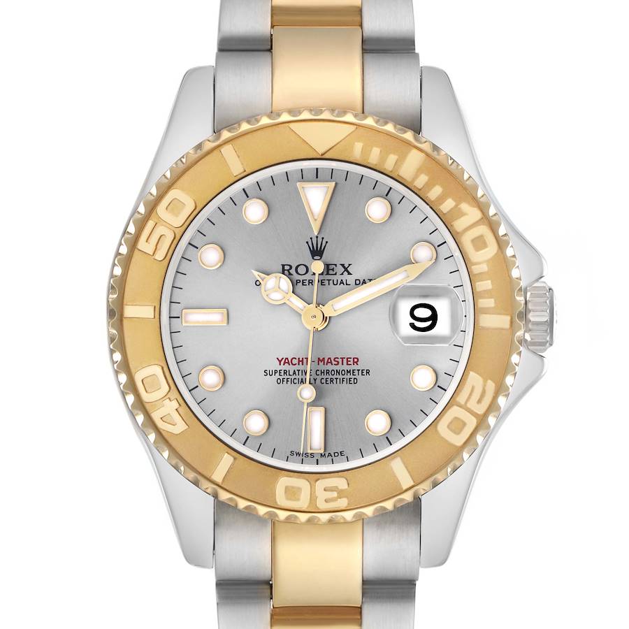 The Rolex Yacht-Master watch is shown from the front, displaying its bezel, dial, hands, and part of the bracelet.