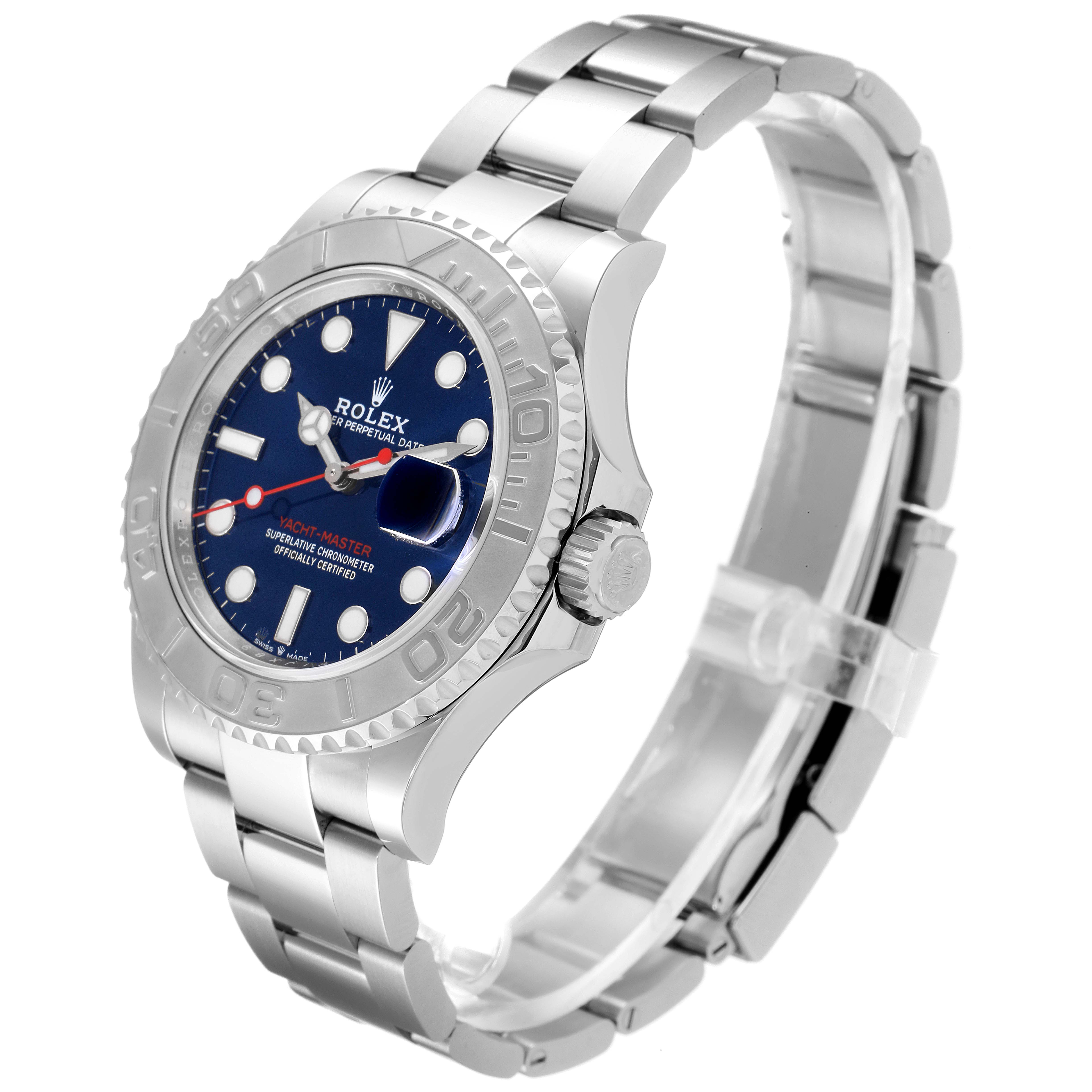 The Rolex Yacht-Master 126622 Men
s Stainless Steel Blue Dial 126622 Men
s Stainless Steel Blue Dial watch is shown at an angle displaying the face, bezel, case, and part of the bracelet.