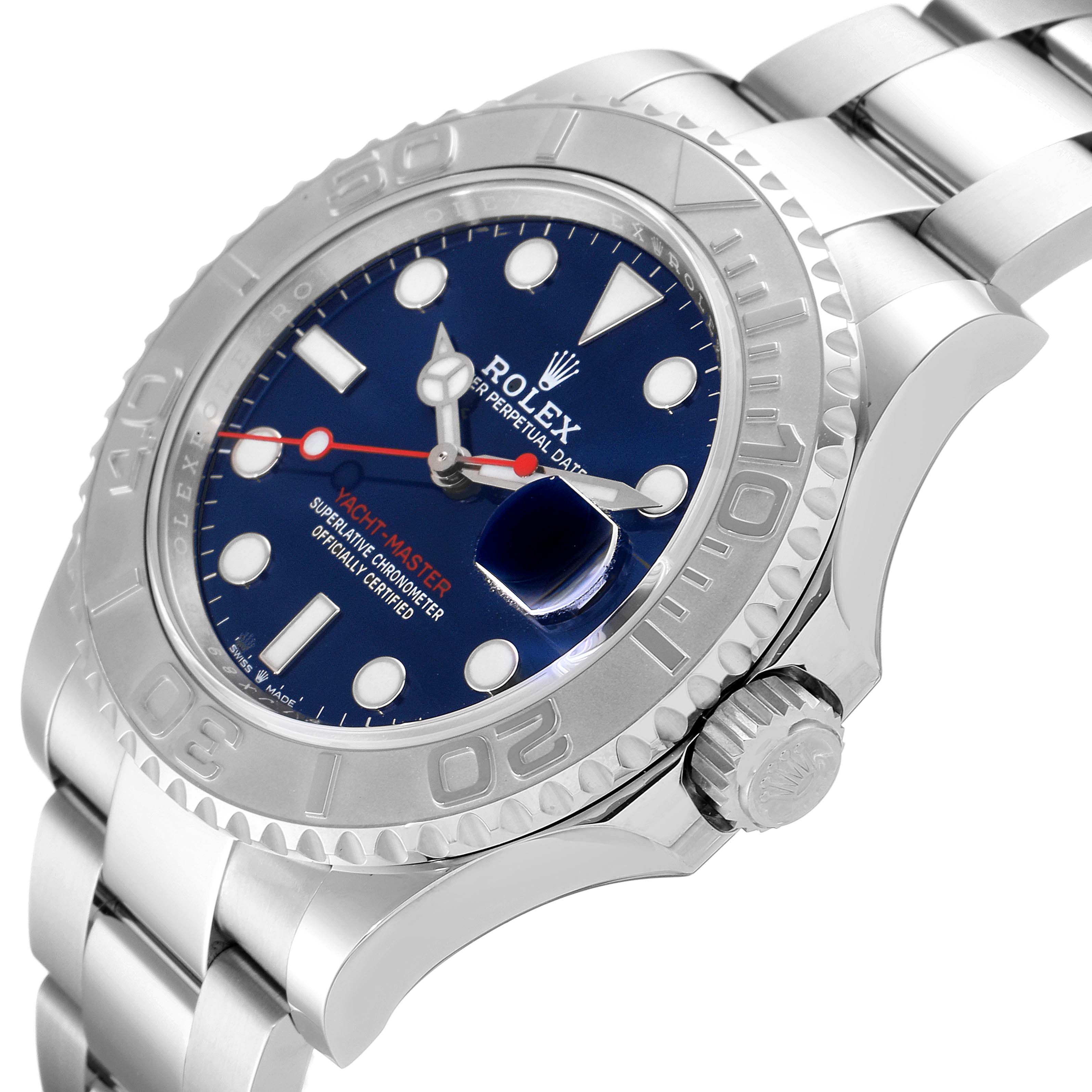 The image shows a close-up side angle of the Rolex Yacht-Master 126622 Men
s Stainless Steel Blue Dial 126622 Men
s Stainless Steel Blue Dial watch, highlighting the face, bezel, dial, and bracelet.