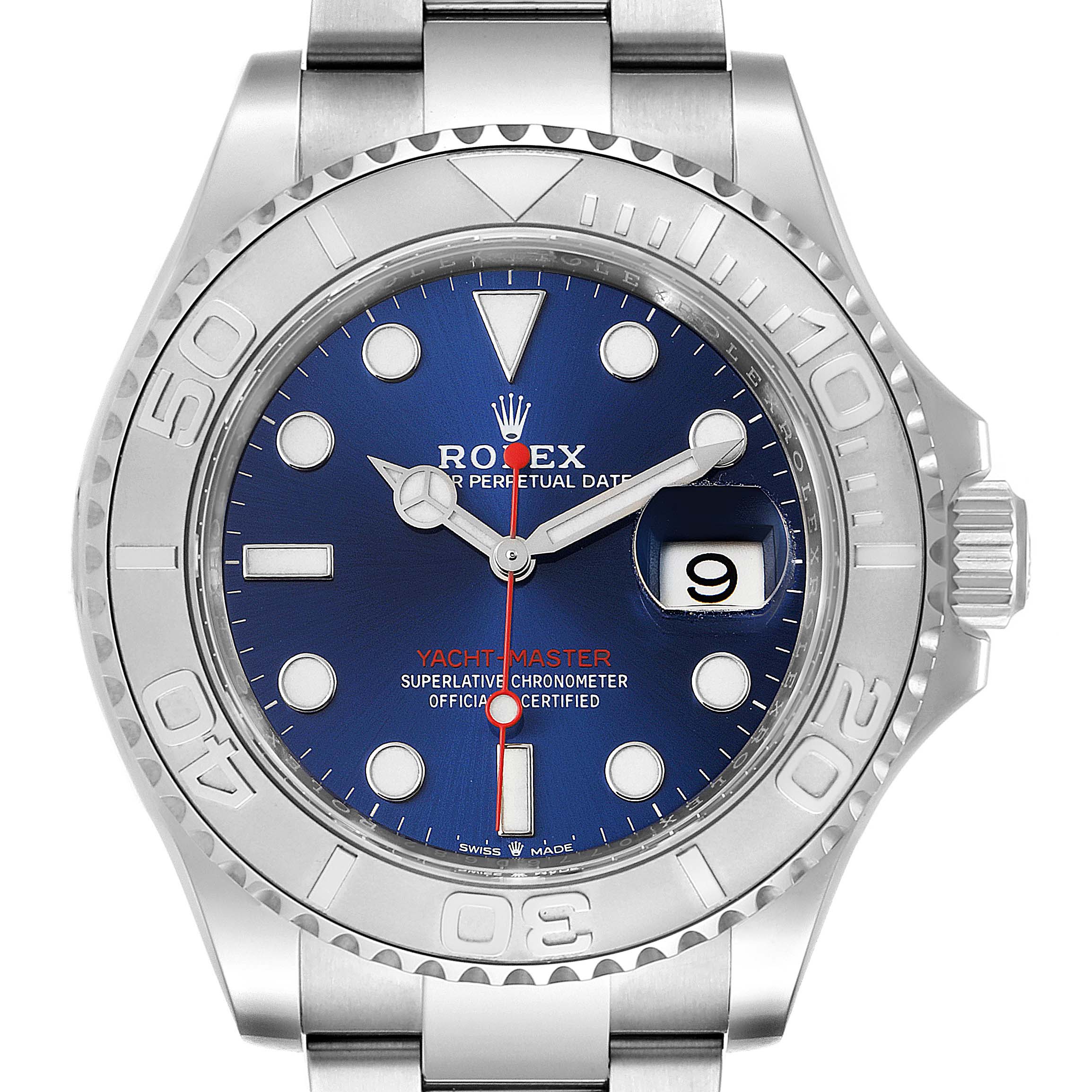The image shows a front view of the Rolex Yacht-Master 126622 Men
s Stainless Steel Blue Dial 126622 Men
s Stainless Steel Blue Dial watch, displaying its blue dial, bezel, date, and bracelet.