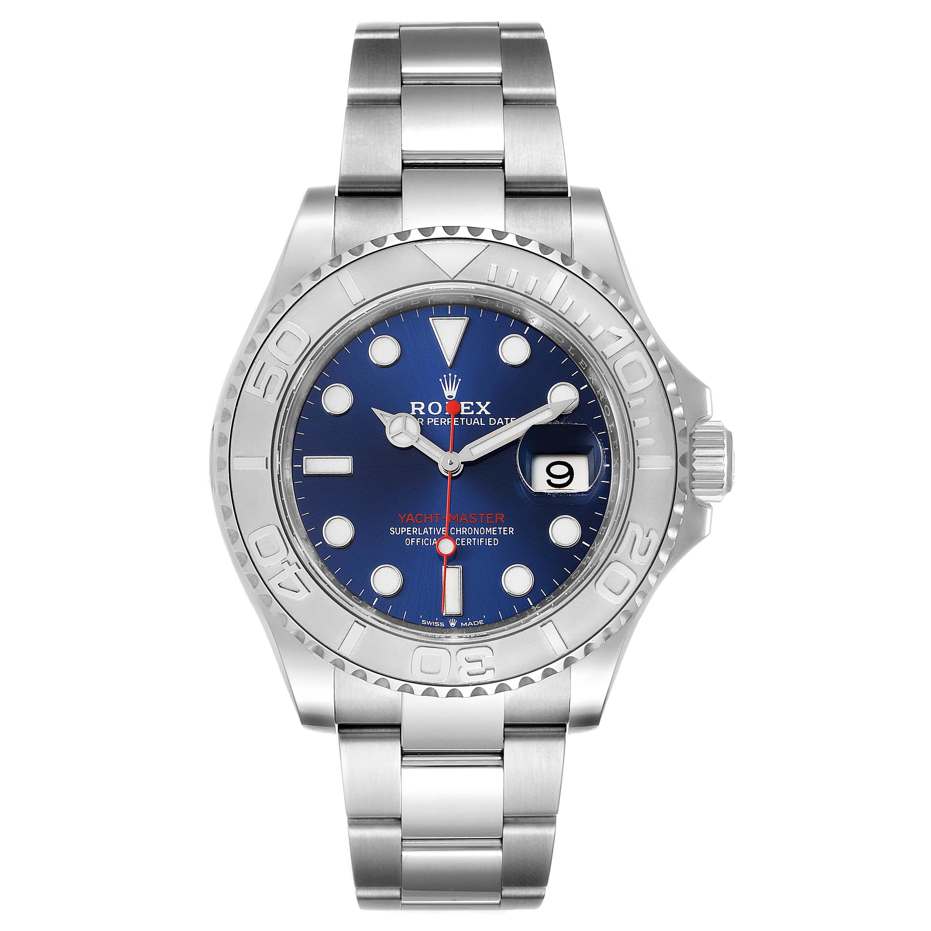 The Rolex Yacht-Master 126622 Men
s Stainless Steel Blue Dial 126622 Men
s Stainless Steel Blue Dial watch is shown from a front angle, displaying its full face, dial, and bracelet.