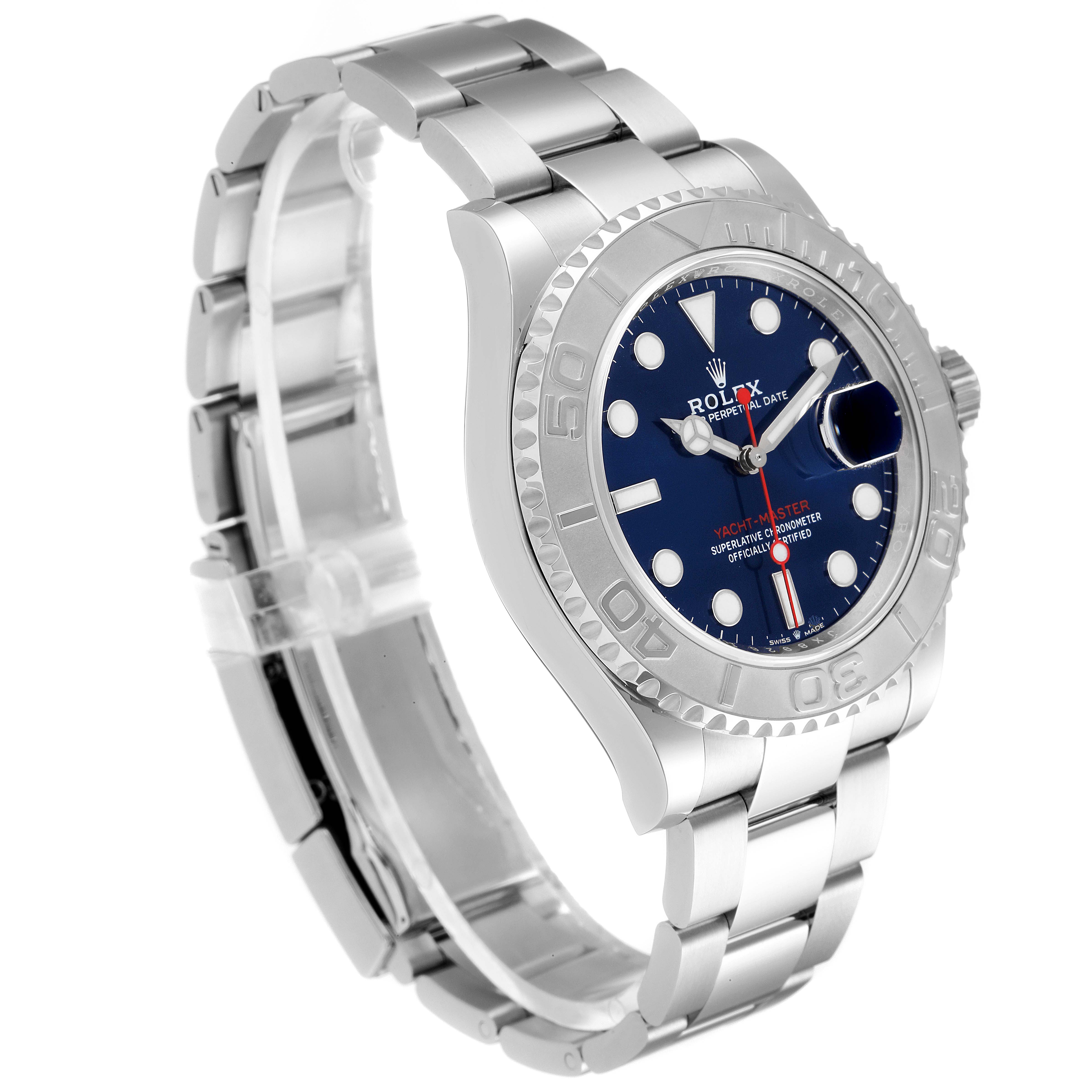The image shows a side angle view of the Rolex Yacht-Master 126622 Men
s Stainless Steel Blue Dial 126622 Men
s Stainless Steel Blue Dial watch highlighting its bracelet, bezel, and dial.