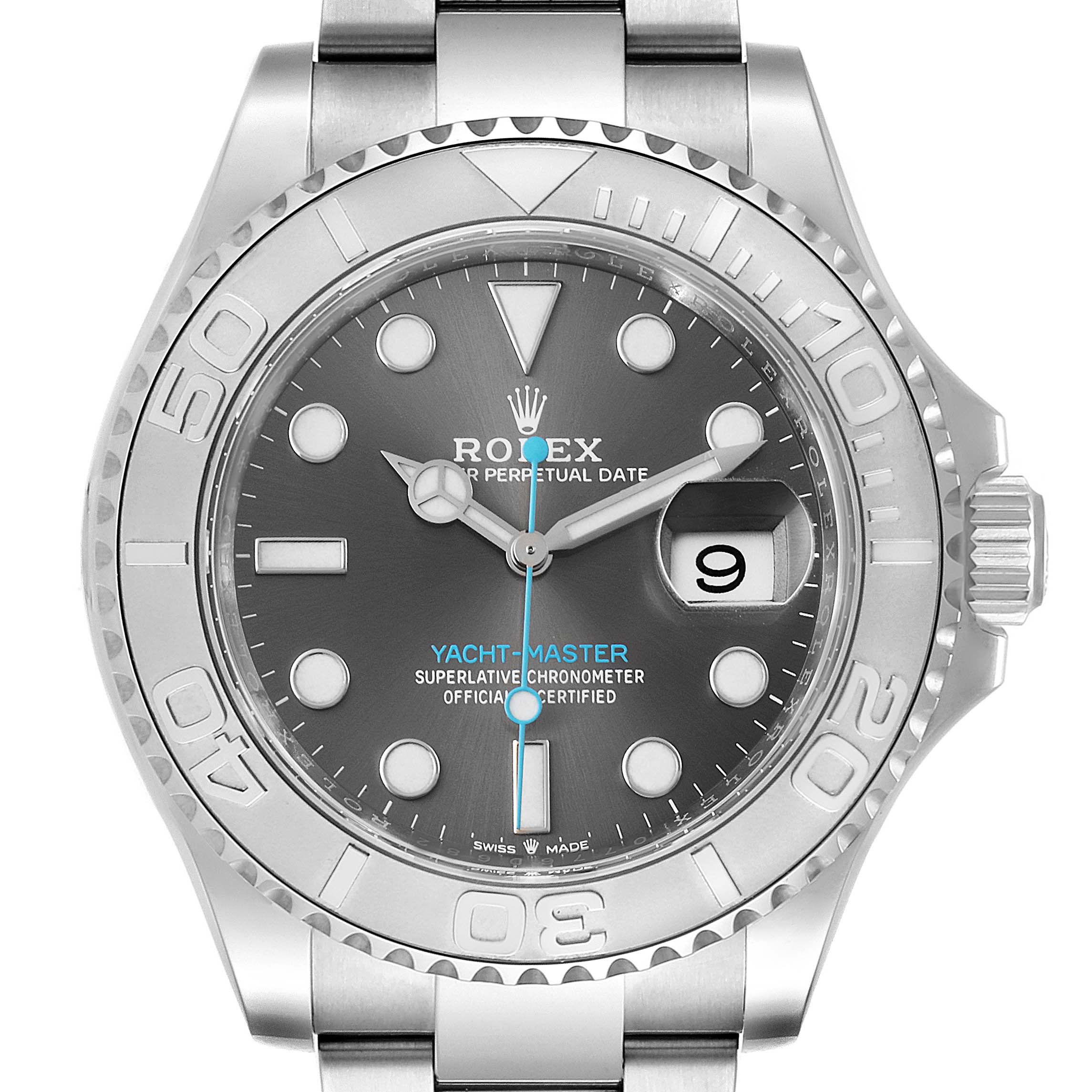 This image shows a front view of a Rolex Yacht-Master 126622 Men
s Stainless Steel Grey Dial 126622 Men
s Stainless Steel Grey Dial watch, highlighting the dial, bezel, and bracelet.