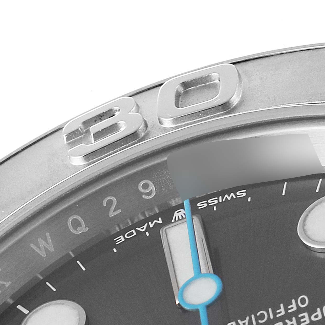 The image shows a close-up angle of the Rolex Yacht-Master 126622 Men
s Stainless Steel Grey Dial 126622 Men
s Stainless Steel Grey Dial watch
s dial and bezel with the number "30" prominently displayed.