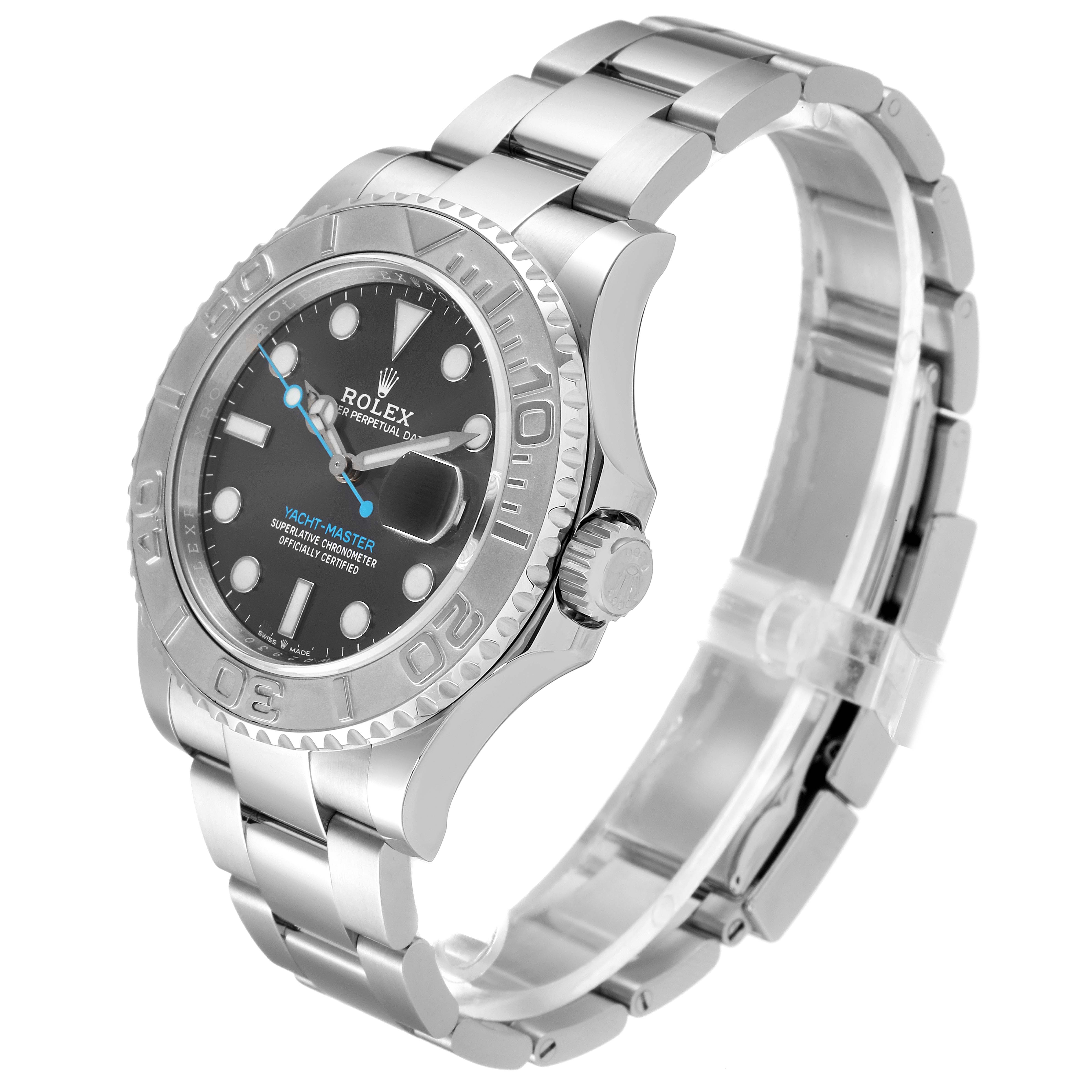 This image shows a Rolex Yacht-Master 126622 Men
s Stainless Steel Grey Dial 126622 Men
s Stainless Steel Grey Dial watch from an angled side view, highlighting the dial, bezel, crown, and bracelet.