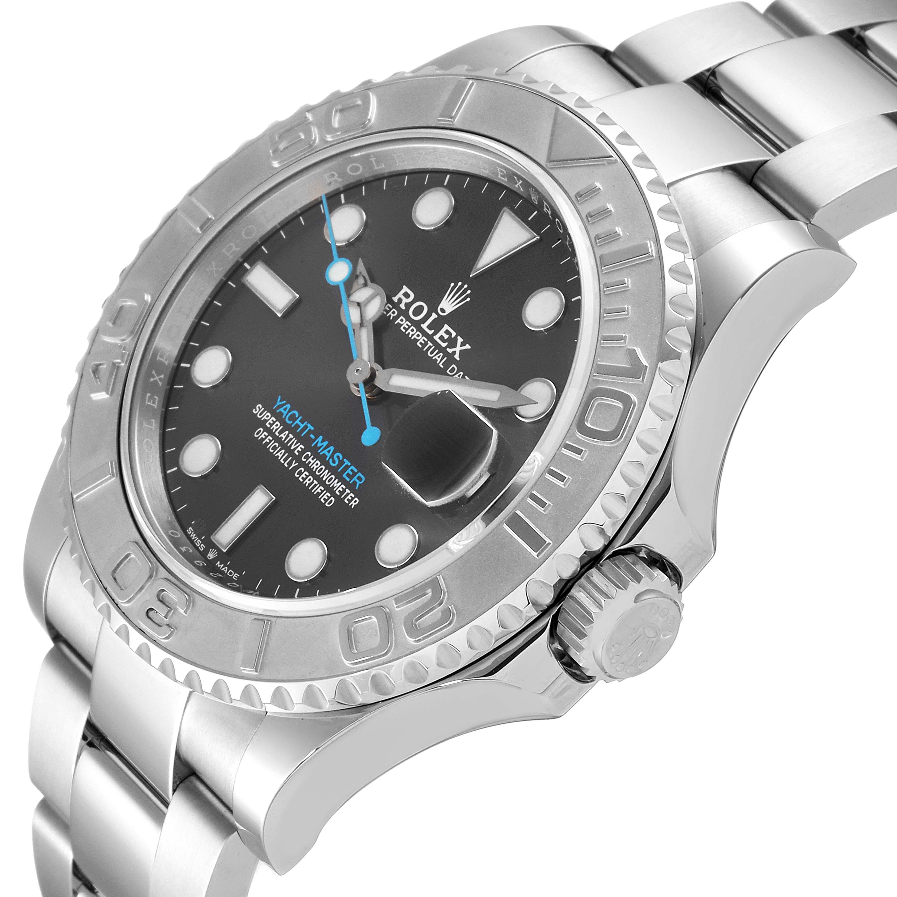 The Rolex Yacht-Master 126622 Men
s Stainless Steel Grey Dial 126622 Men
s Stainless Steel Grey Dial watch is shown at an angle displaying the dial, bezel, crown, and part of the bracelet.