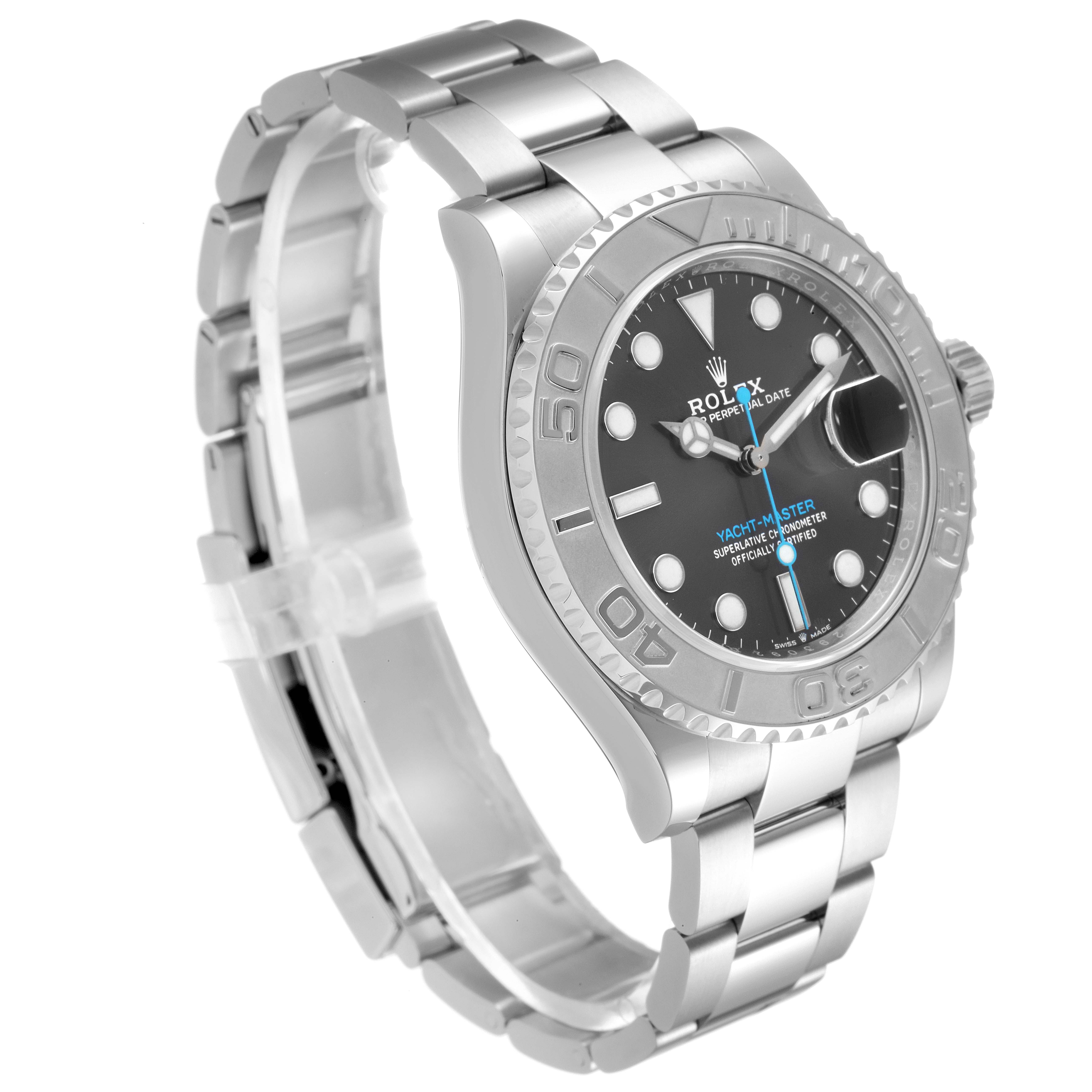 The image shows a side view of a Rolex Yacht-Master 126622 Men
s Stainless Steel Grey Dial 126622 Men
s Stainless Steel Grey Dial watch, highlighting the bracelet, bezel, and dial.