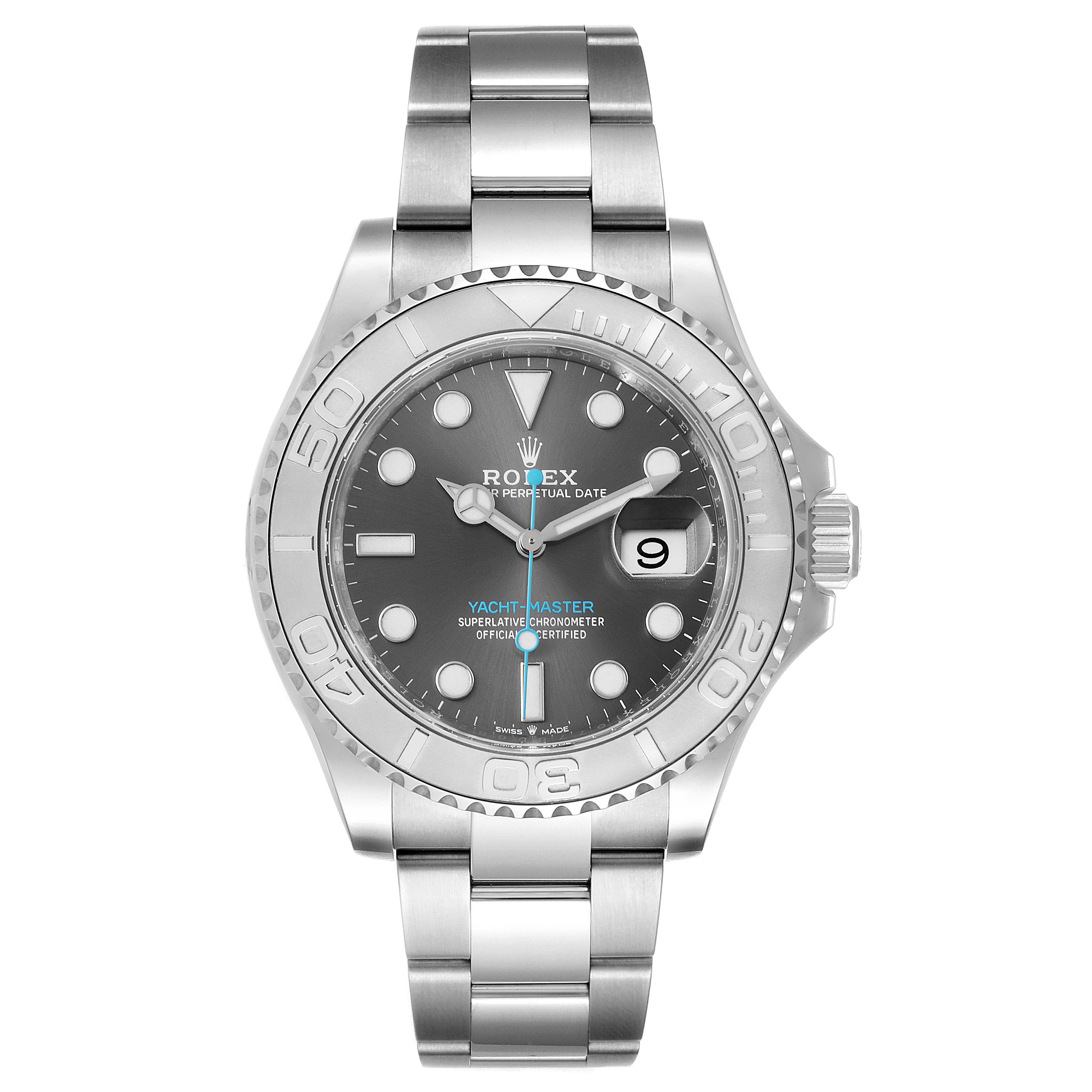 The image shows a front view of the Rolex Yacht-Master 126622 Men
s Stainless Steel Grey Dial 126622 Men
s Stainless Steel Grey Dial watch, displaying its dial, bezel, hands, bracelet, and date window.