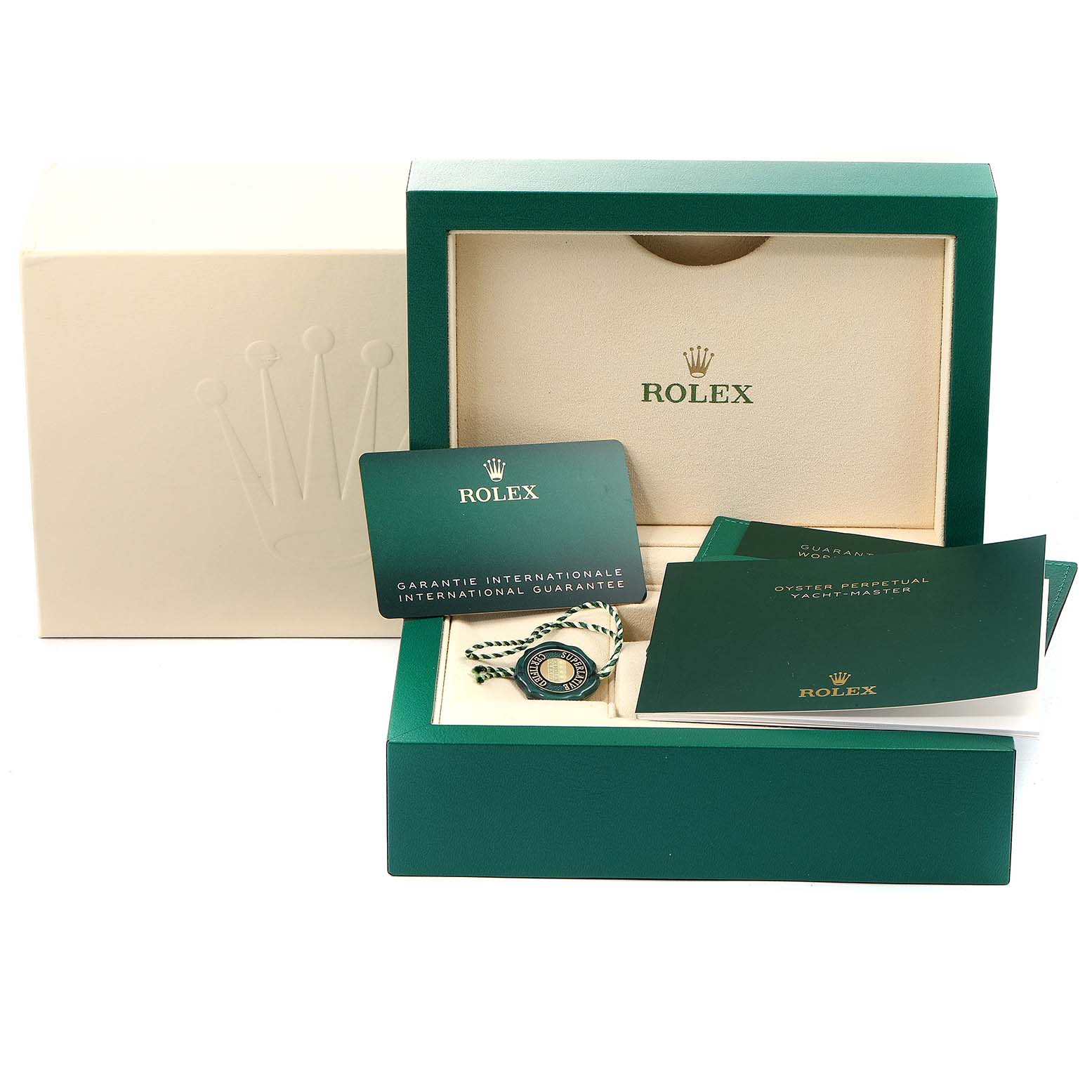 The image shows a boxed Rolex Yacht-Master 126622 Men
s Stainless Steel Grey Dial 126622 Men
s Stainless Steel Grey Dial watch with its warranty card, manuals, and a tag, viewed from the front.