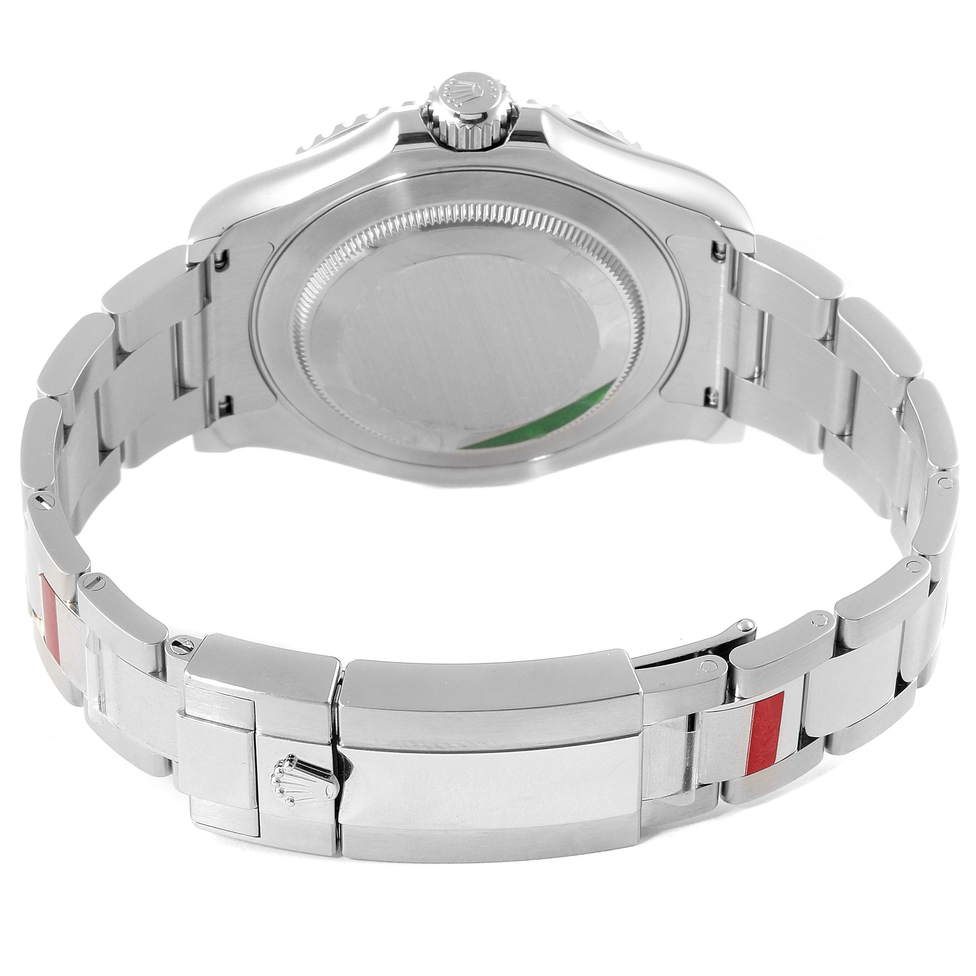 This image shows the back and clasp of a Rolex Yacht-Master 126622 Men
s Stainless Steel Grey Dial 126622 Men
s Stainless Steel Grey Dial watch at an angle that highlights the bracelet and case back.