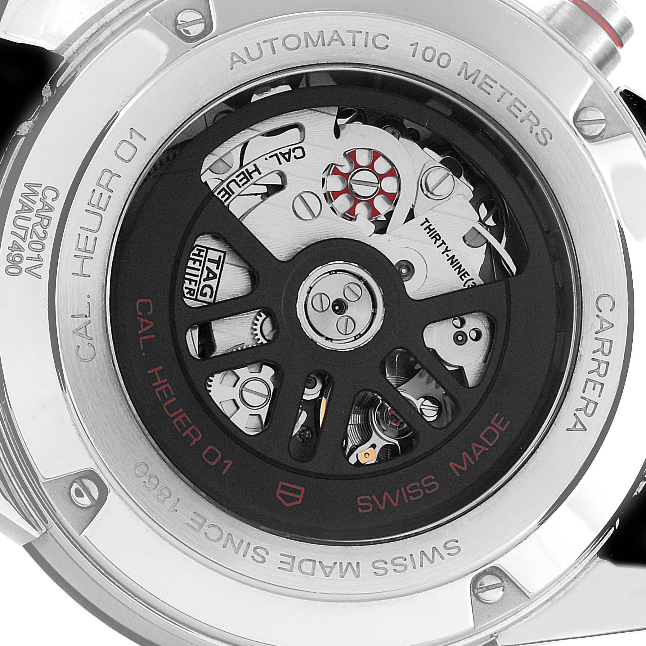 This is a close-up view of the back of the Tag Heuer Carrera CAR201V.BA0714 Men's Stainless Steel Black Dial CAR201V.BA0714 Men's Stainless Steel Black Dial watch, showcasing the Calibre Heuer 01 automatic movement.