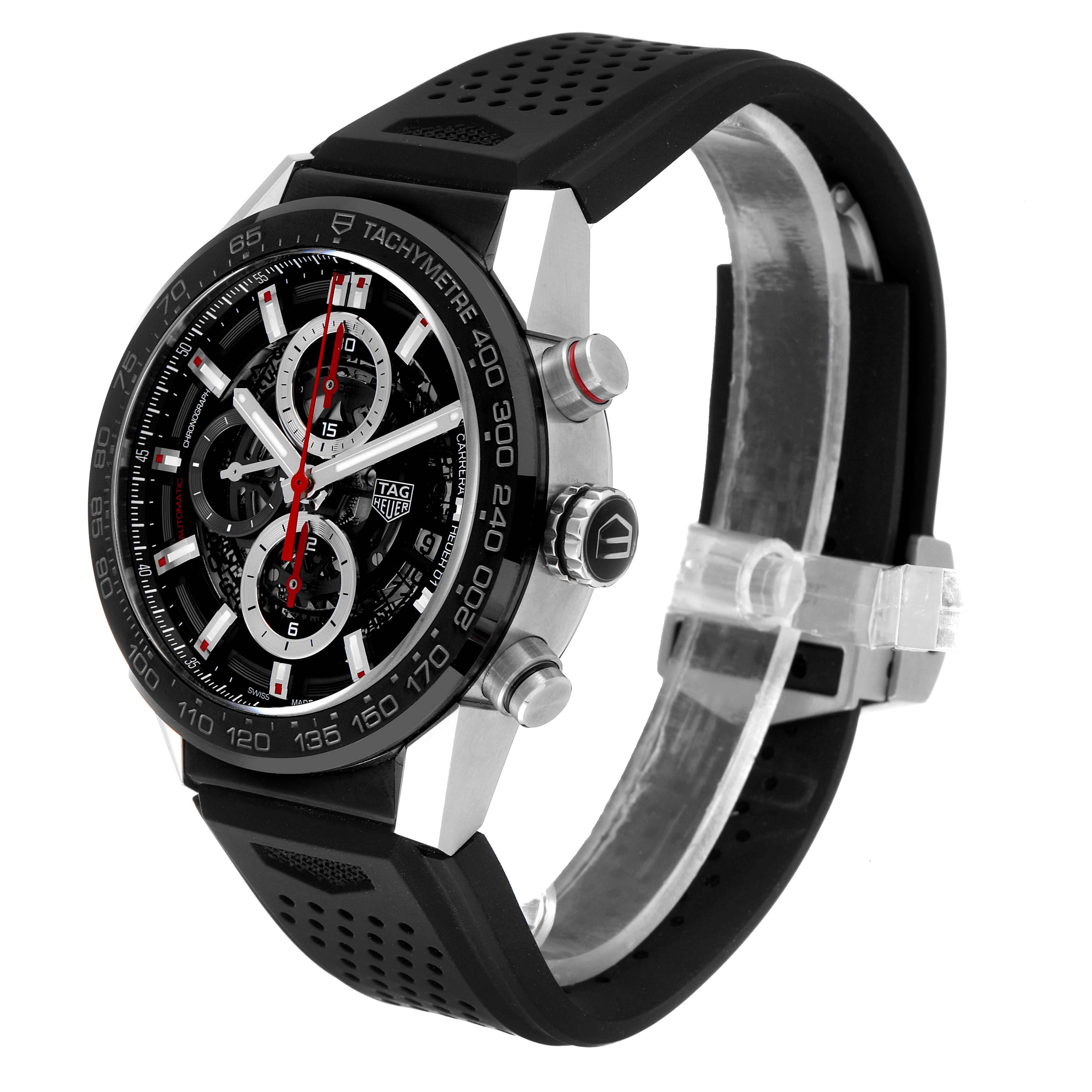 This image shows a side-angle view of the Tag Heuer Carrera CAR201V.BA0714 Men's Stainless Steel Black Dial CAR201V.BA0714 Men's Stainless Steel Black Dial watch, highlighting the face, tachymeter bezel, pushers, crown, and black rubber strap.