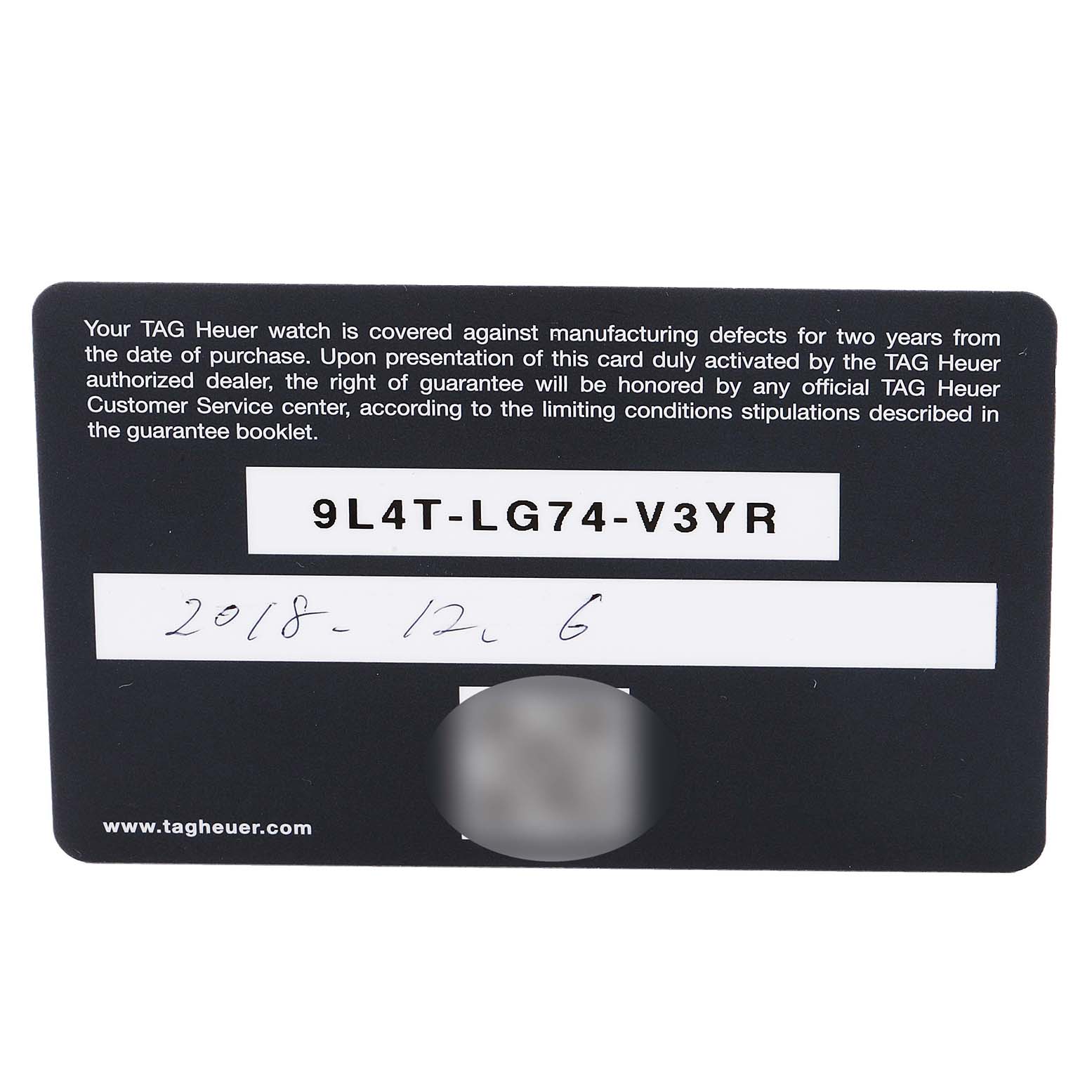 The image shows a warranty card for a Tag Heuer Carrera CAR201V.BA0714 Men's Stainless Steel Black Dial CAR201V.BA0714 Men's Stainless Steel Black Dial watch.