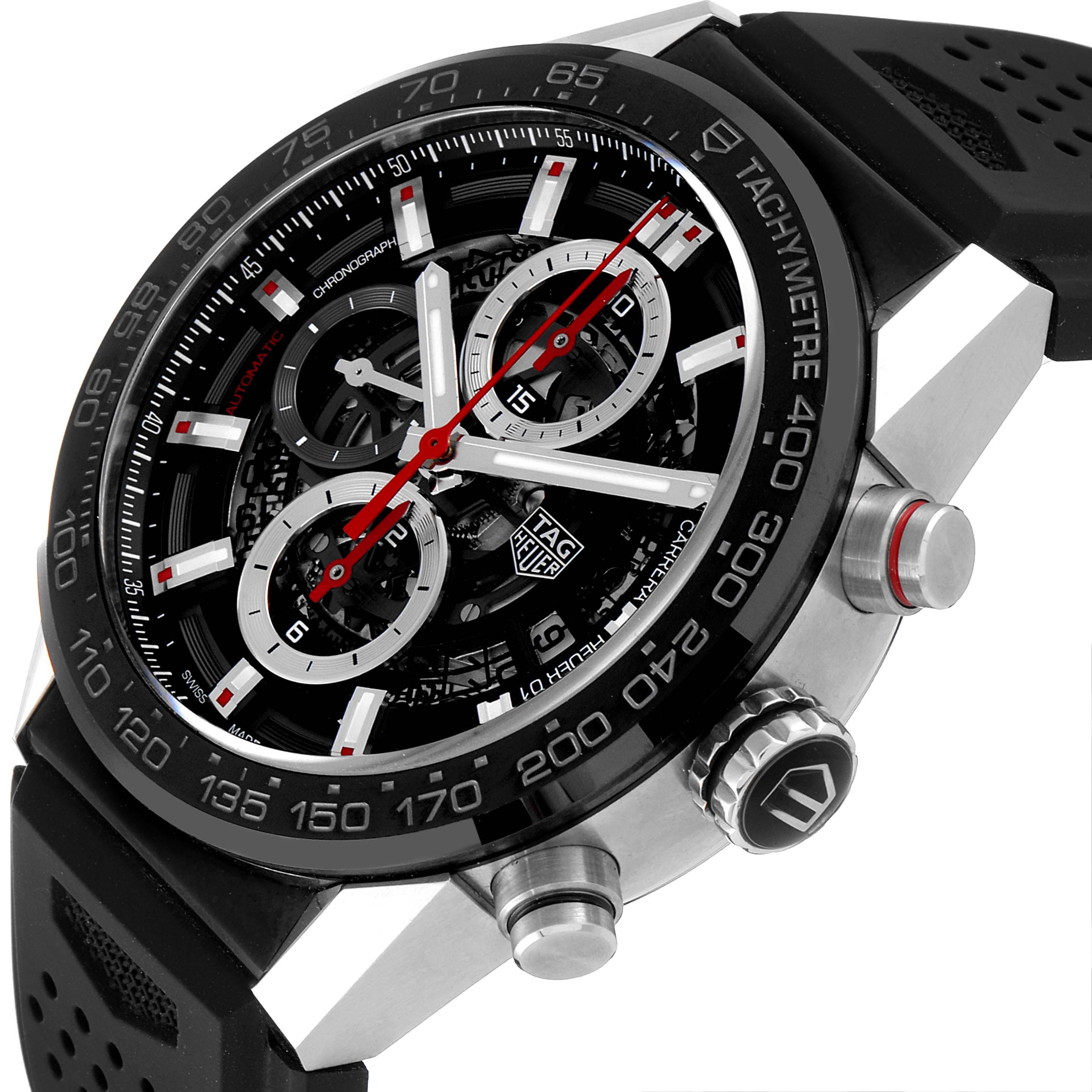 The image shows a close-up side angle of the Tag Heuer Carrera CAR201V.BA0714 Men's Stainless Steel Black Dial CAR201V.BA0714 Men's Stainless Steel Black Dial watch displaying its face, bezel, crown, and strap.