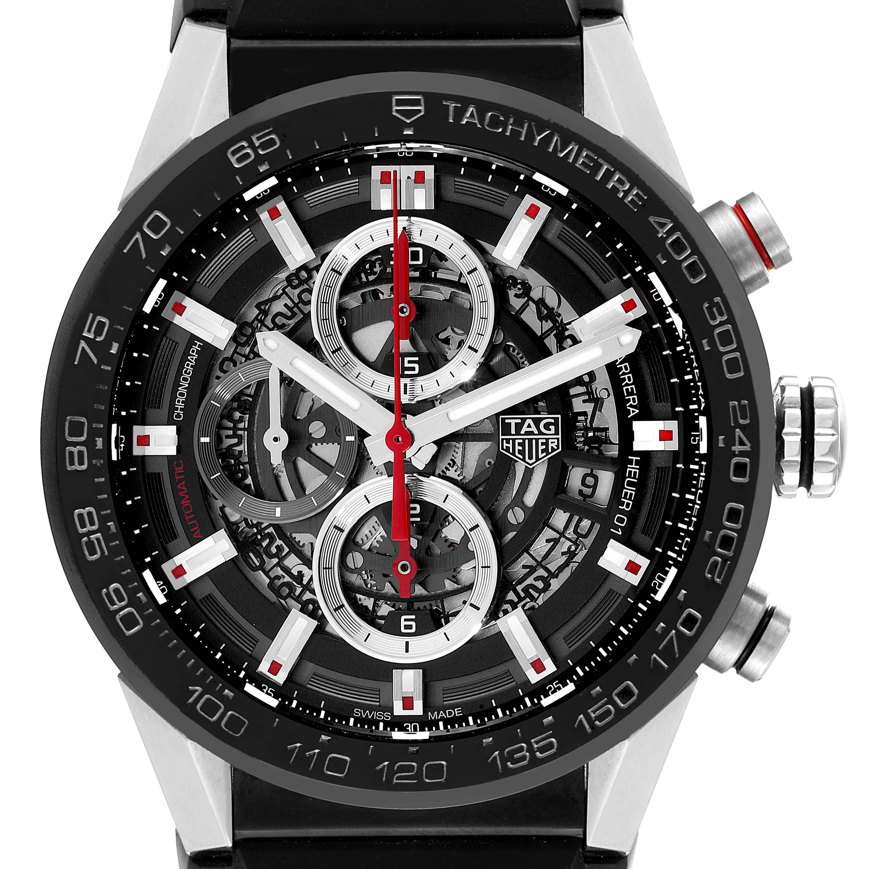 This image shows a close-up, front view of the Tag Heuer Carrera CAR201V.BA0714 Men's Stainless Steel Black Dial CAR201V.BA0714 Men's Stainless Steel Black Dial watch, highlighting its intricate dial and tachymeter scale.