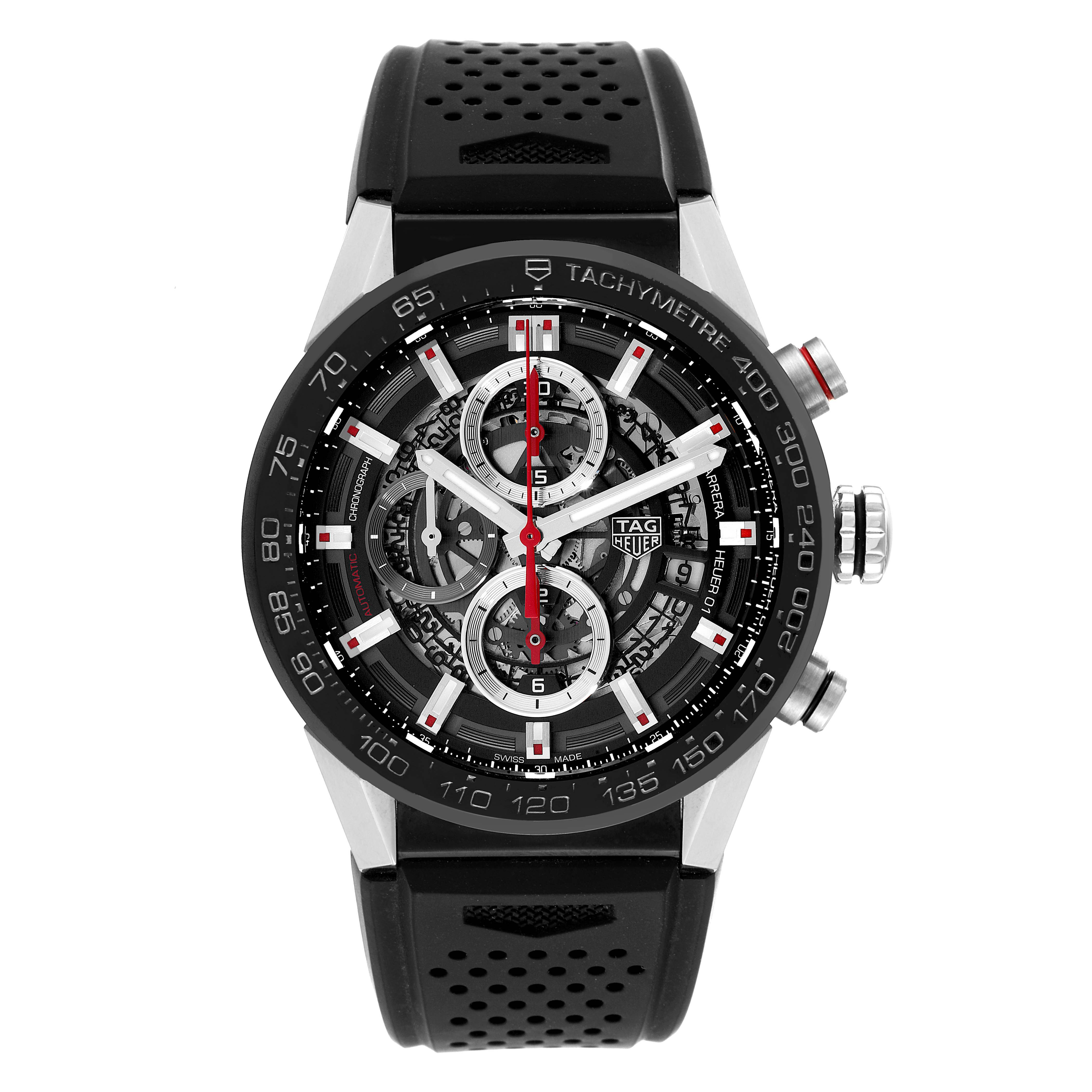This Tag Heuer Carrera CAR201V.BA0714 Men's Stainless Steel Black Dial CAR201V.BA0714 Men's Stainless Steel Black Dial model is shown from a front angle, displaying its face, bezel, subdials, and perforated black strap.