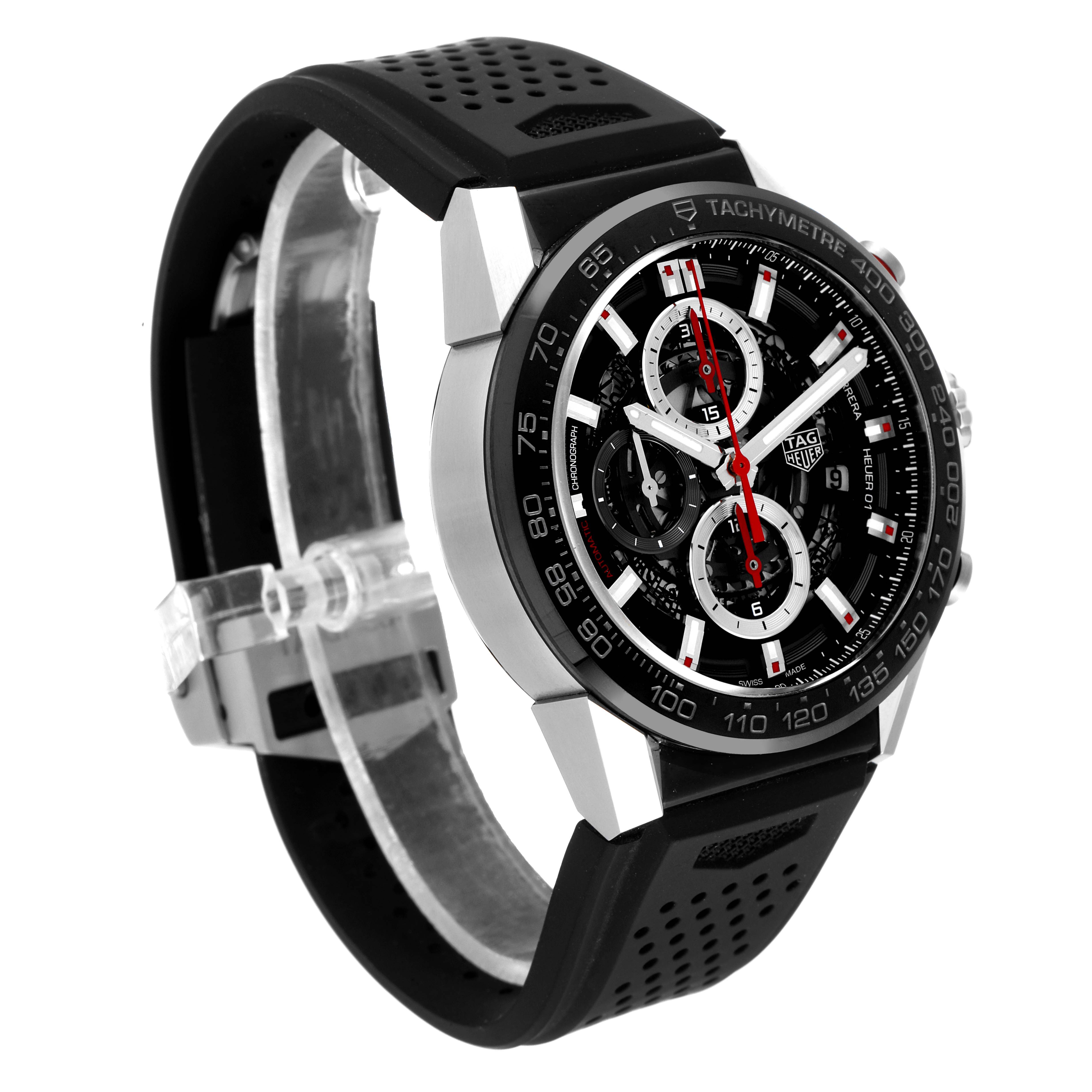 The image shows a Tag Heuer Carrera CAR201V.BA0714 Men's Stainless Steel Black Dial CAR201V.BA0714 Men's Stainless Steel Black Dial model watch at a three-quarter angle, highlighting its face, bezel, and black strap.