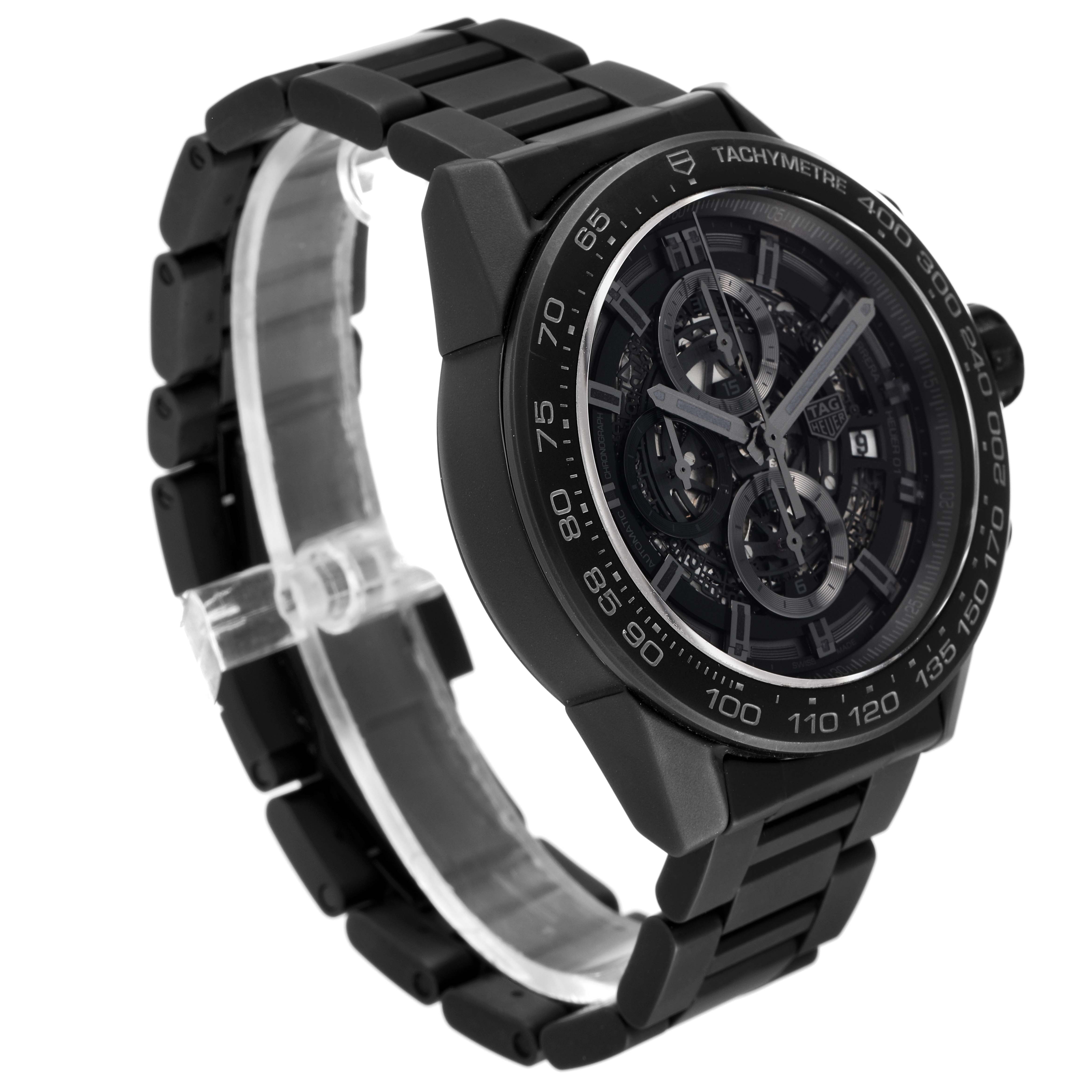 The image shows a Tag Heuer Carrera CAR2A91.BH0742 Men's Ceramic Black Dial CAR2A91.BH0742 Men's Ceramic Black Dial watch at an angled side view, highlighting the face, bezel, and bracelet.